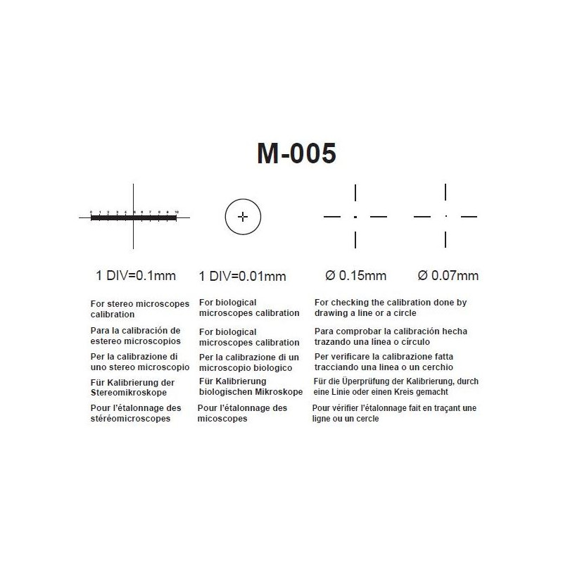 Optika M-005,  lâmina micrométrica, alcance 1 mm, divisão 0,01mm, 26x76 mm