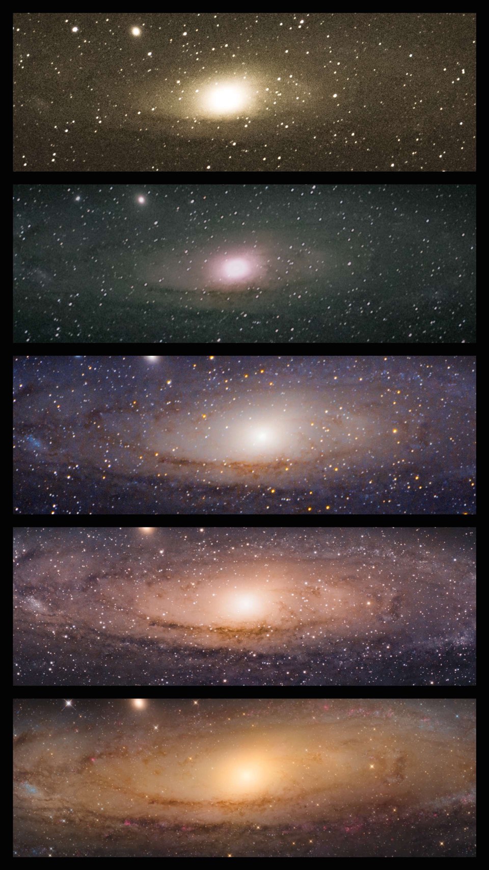 A galáxia de Andrómeda M 31, fotografada por Sophie Paulin. 2x sem seguimento com teleobjetiva de 200 mm, 1x com montagem para câmaras fotográficas e teleobjetiva de 200 mm com teleconversor, 1x com montagem para câmaras fotográficas e teleobjetiva de 600 mm, 1x com telescópio newtoniano de 8" f/4.5.