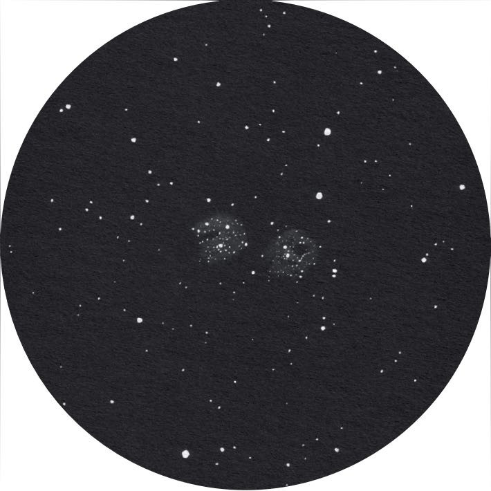 Desenho de h e χ Perseu com binóculos de 20×125. Uwe Glahn
