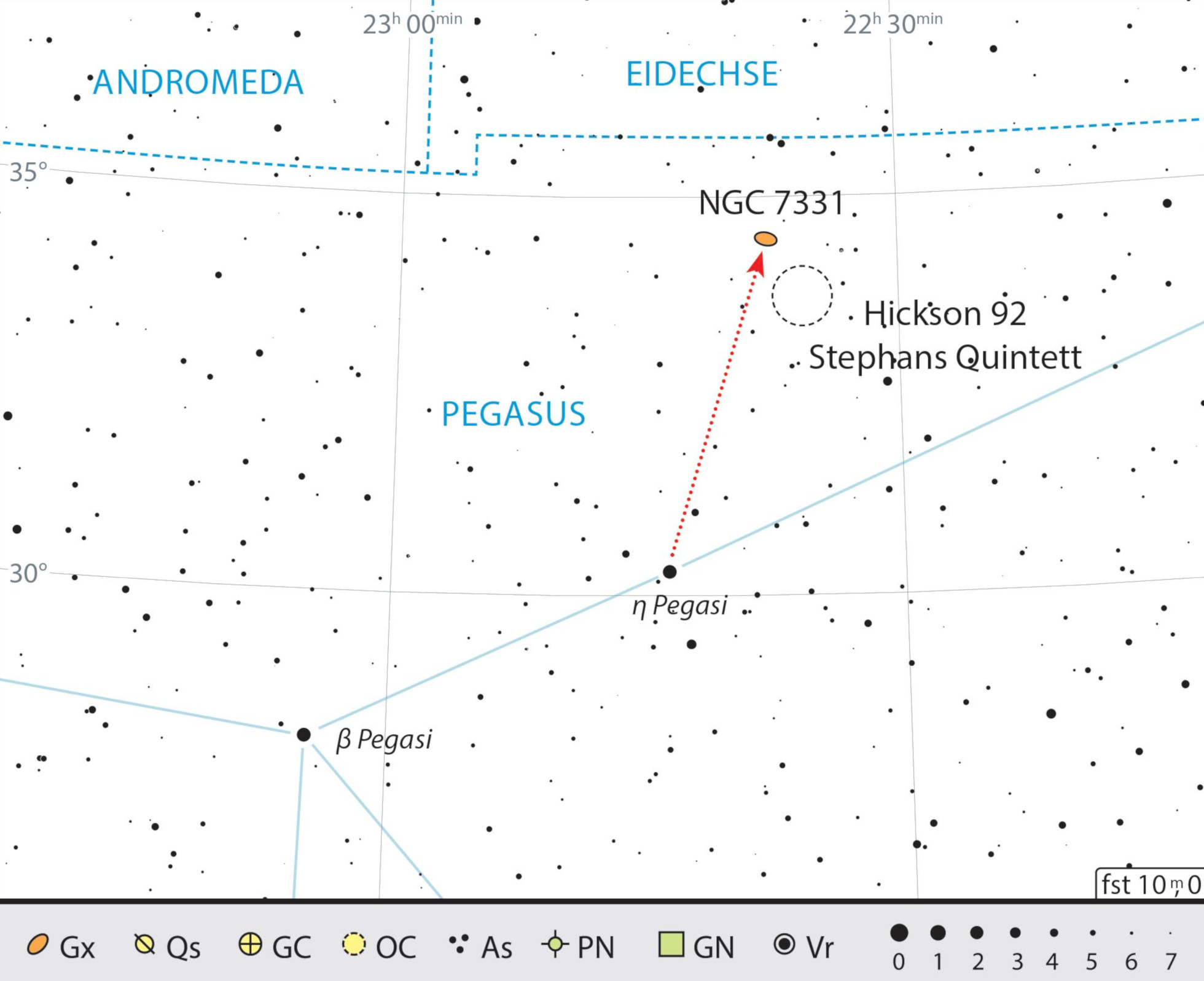 Mapa de procura para NGC 7331 e o grupo de galáxias a sudoeste, Hickson 92. J. Scholten