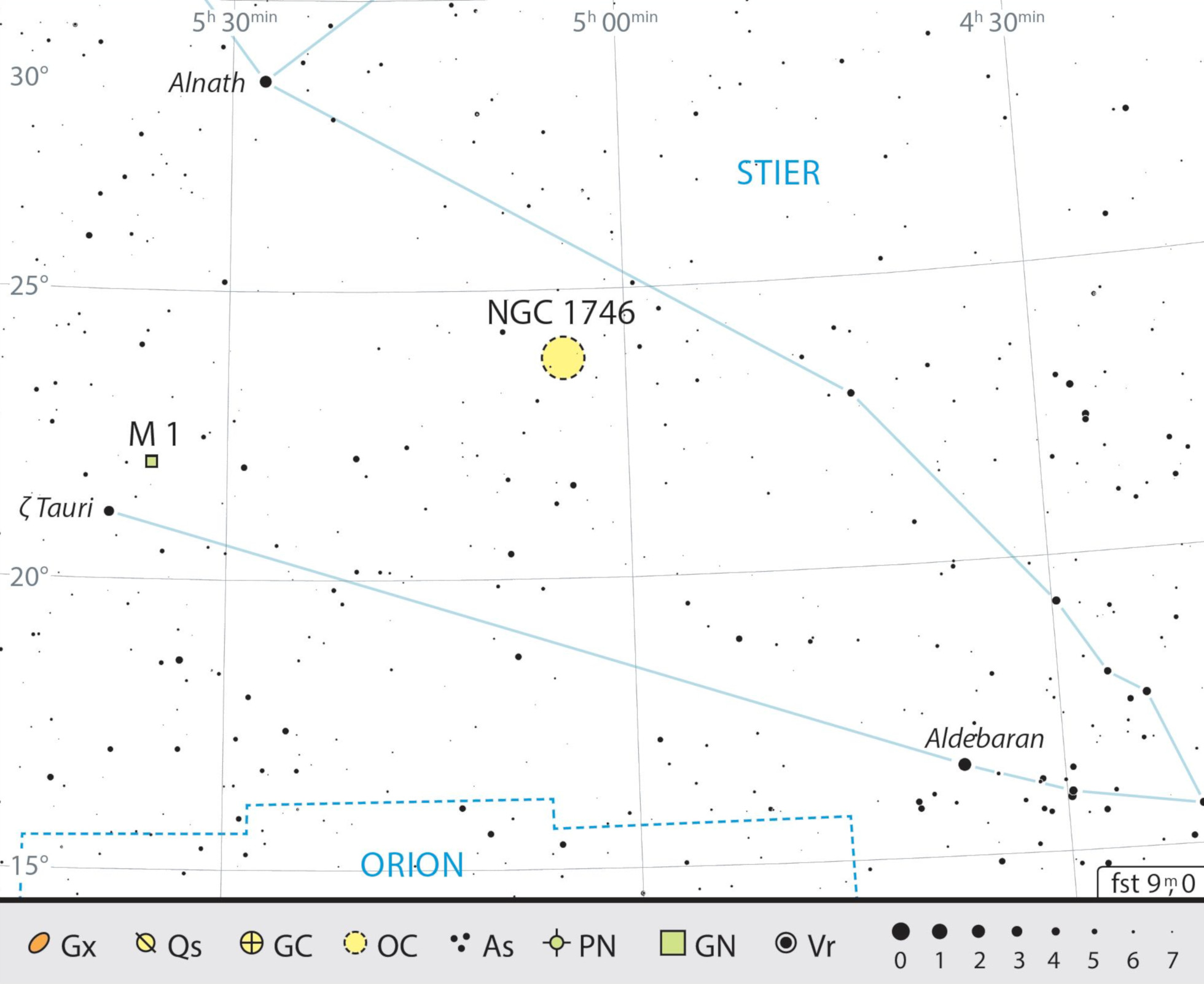 Mapa de procura de Messier 1 na constelação Touro. J. Scholten