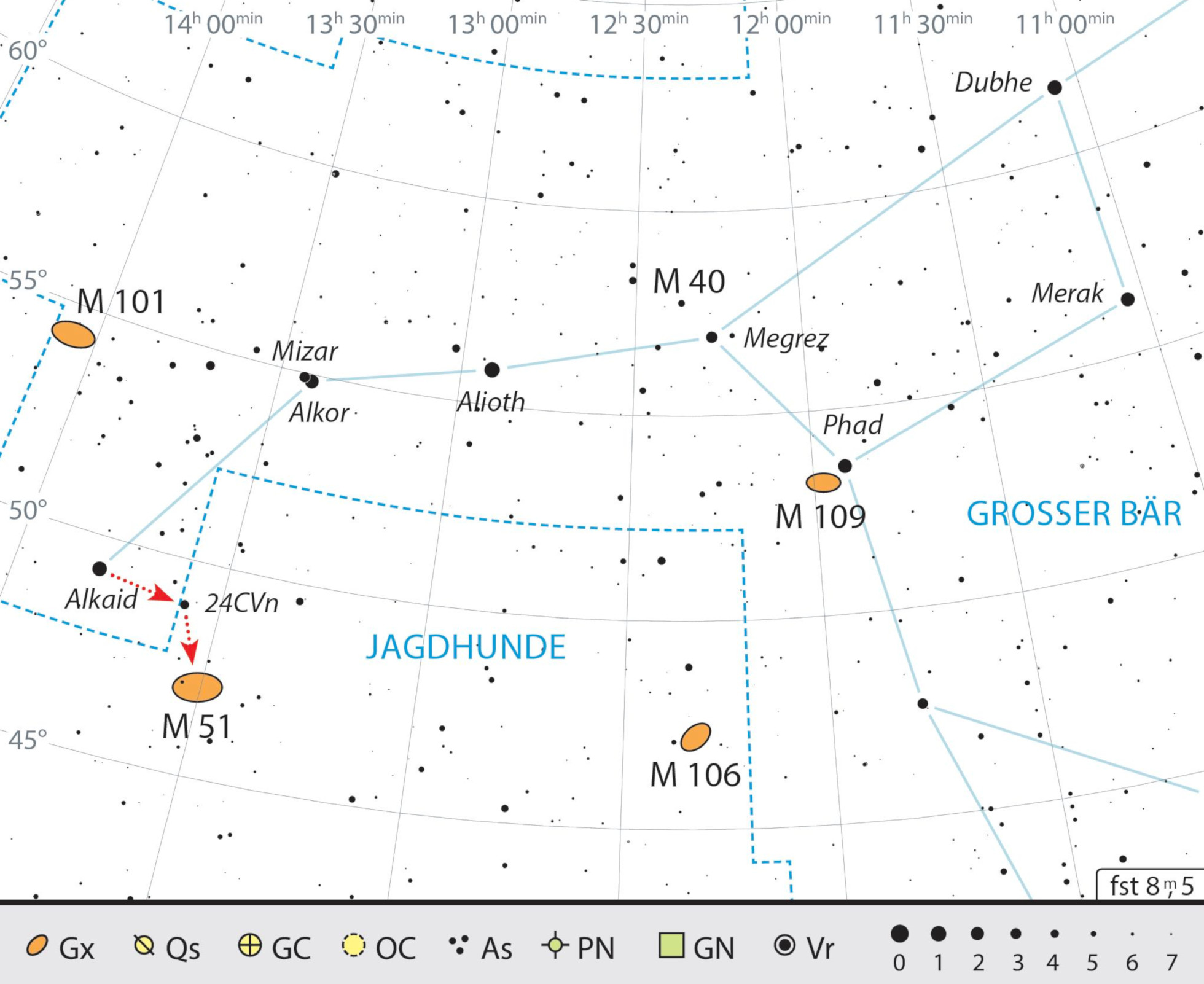 Mapa de procura para a M51 na constelação Cães de Caça. J. Scholten 