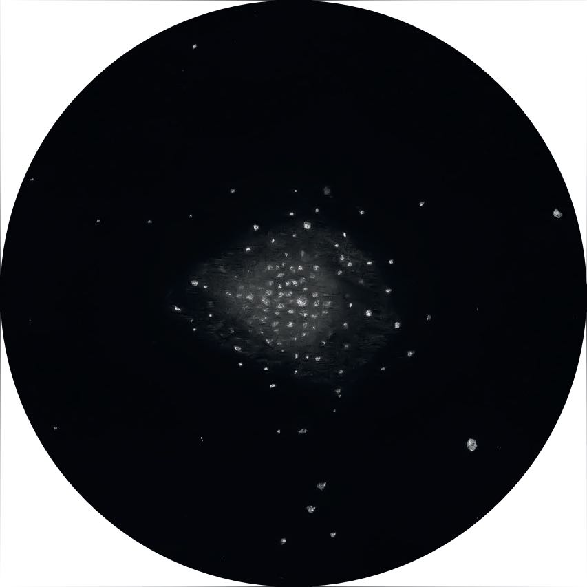 Desenho de Messier 71 com um telescópio newtoniano de 14 polegadas com uma ampliação de 114×. Oliver Stein 