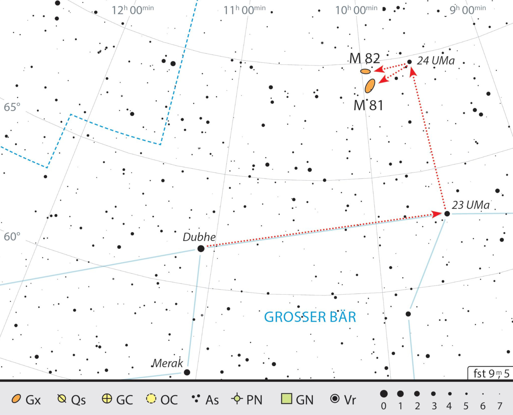 Mapa de procura para M81 e M82 na constelação Ursa Maior. J. Scholten 