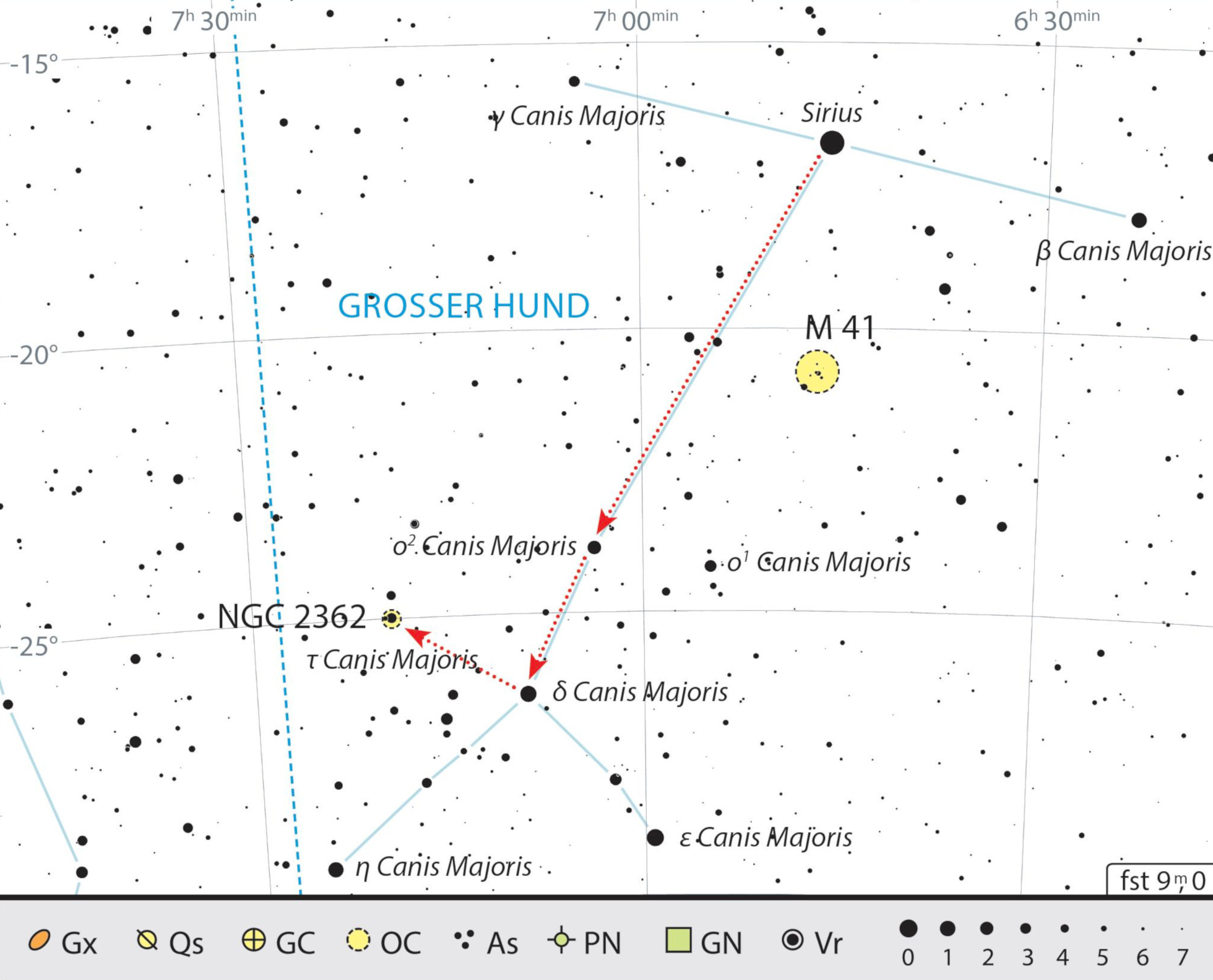 Mapa de procura do aglomerado Tau Canis Majoris, na constelação Cão Maior. J. Scholten 