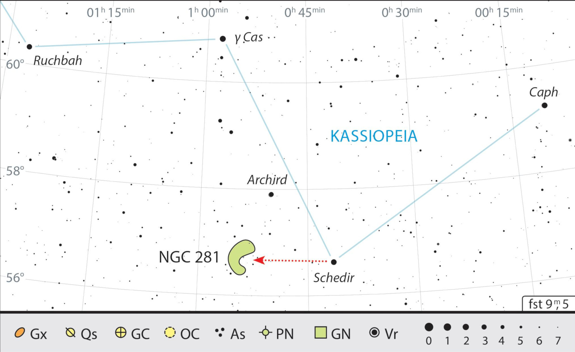 A Nebulosa Pacman está muito próxima de α Cas (Schedir), a estrela principal de Cassiopeia. J. Scholten