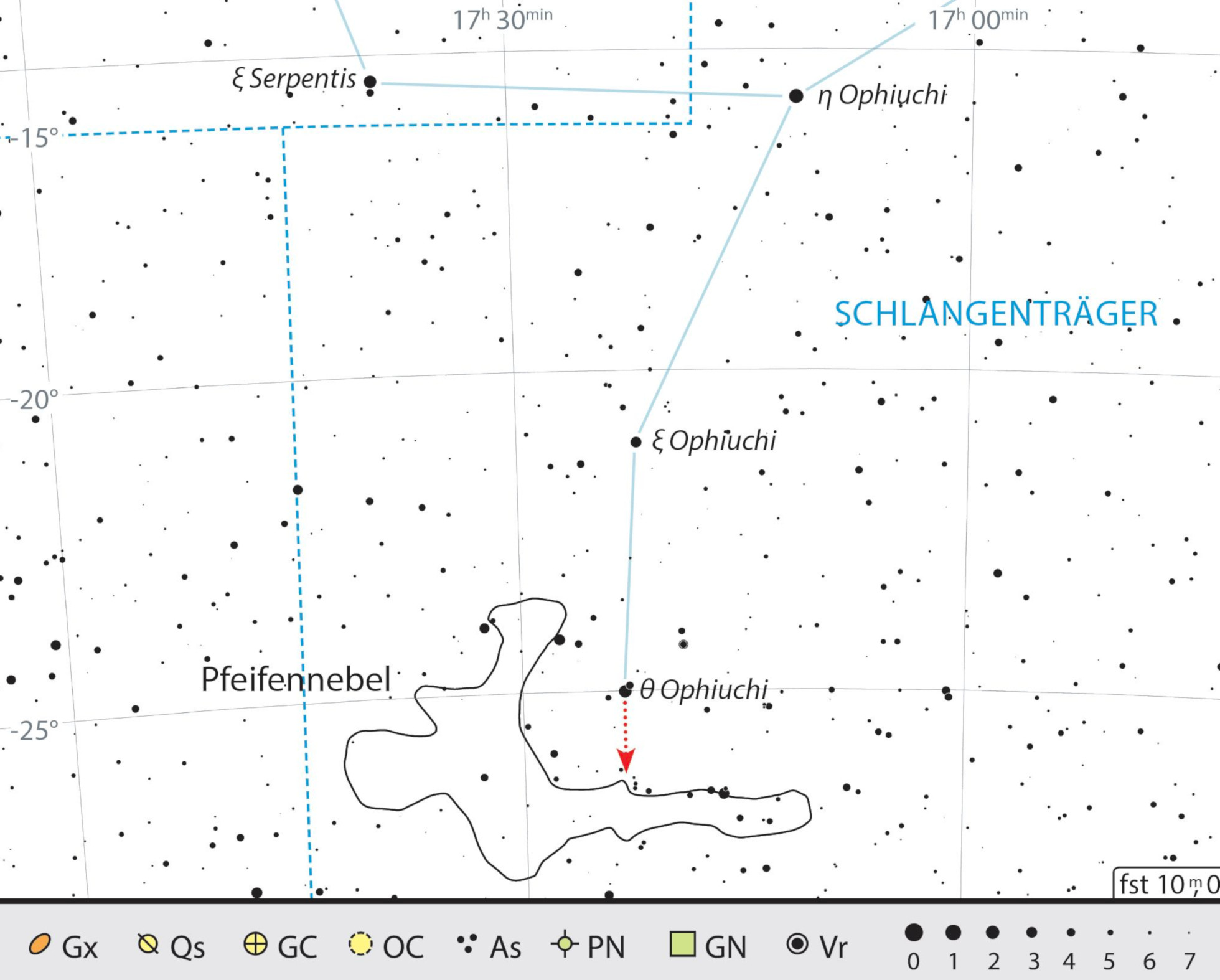 Mapa de procura da Nebulosa do Cachimbo, na constelação Serpentário. J. Scholten 