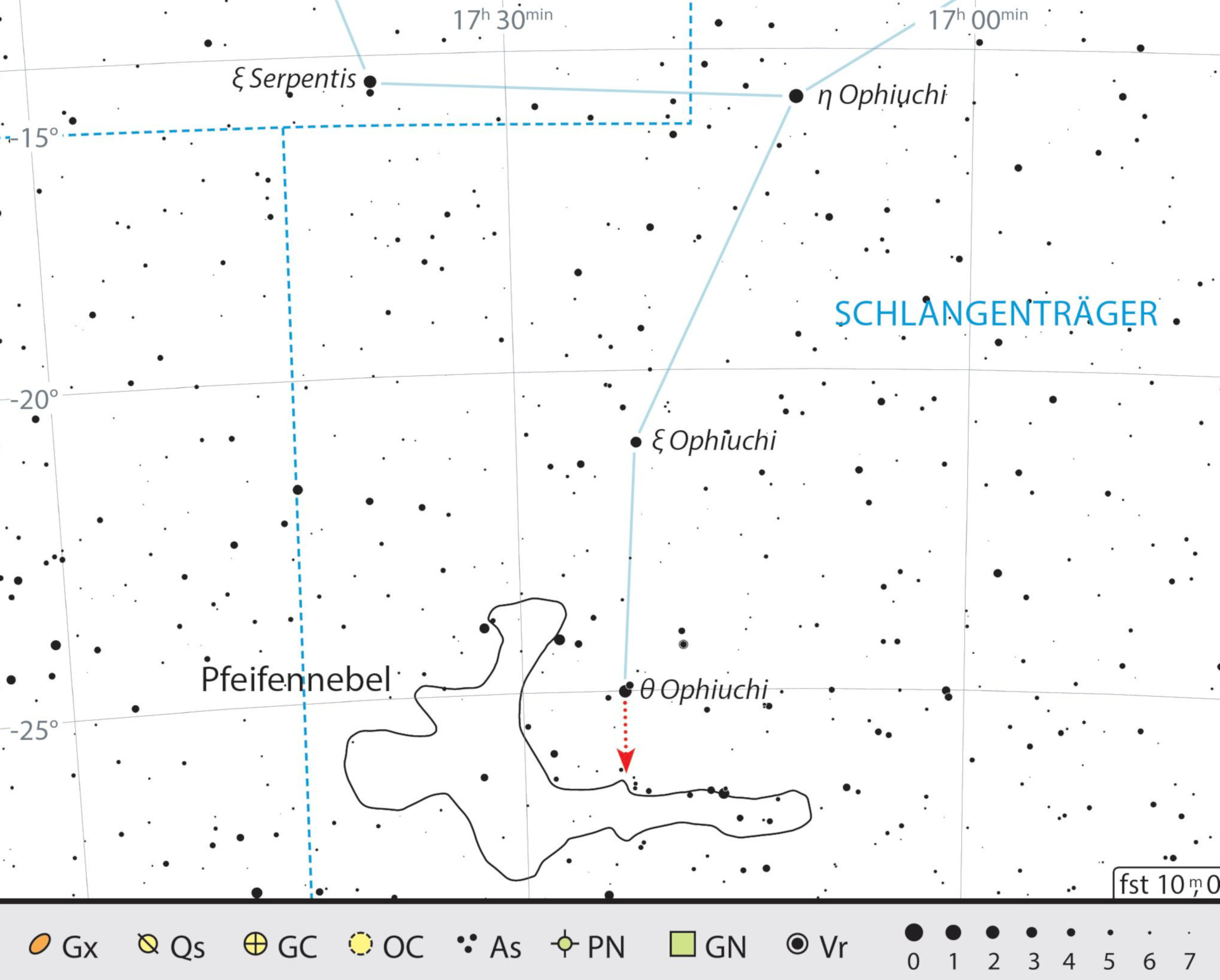 Mapa de procura da Nebulosa do Cachimbo, na constelação Serpentário. J. Scholten