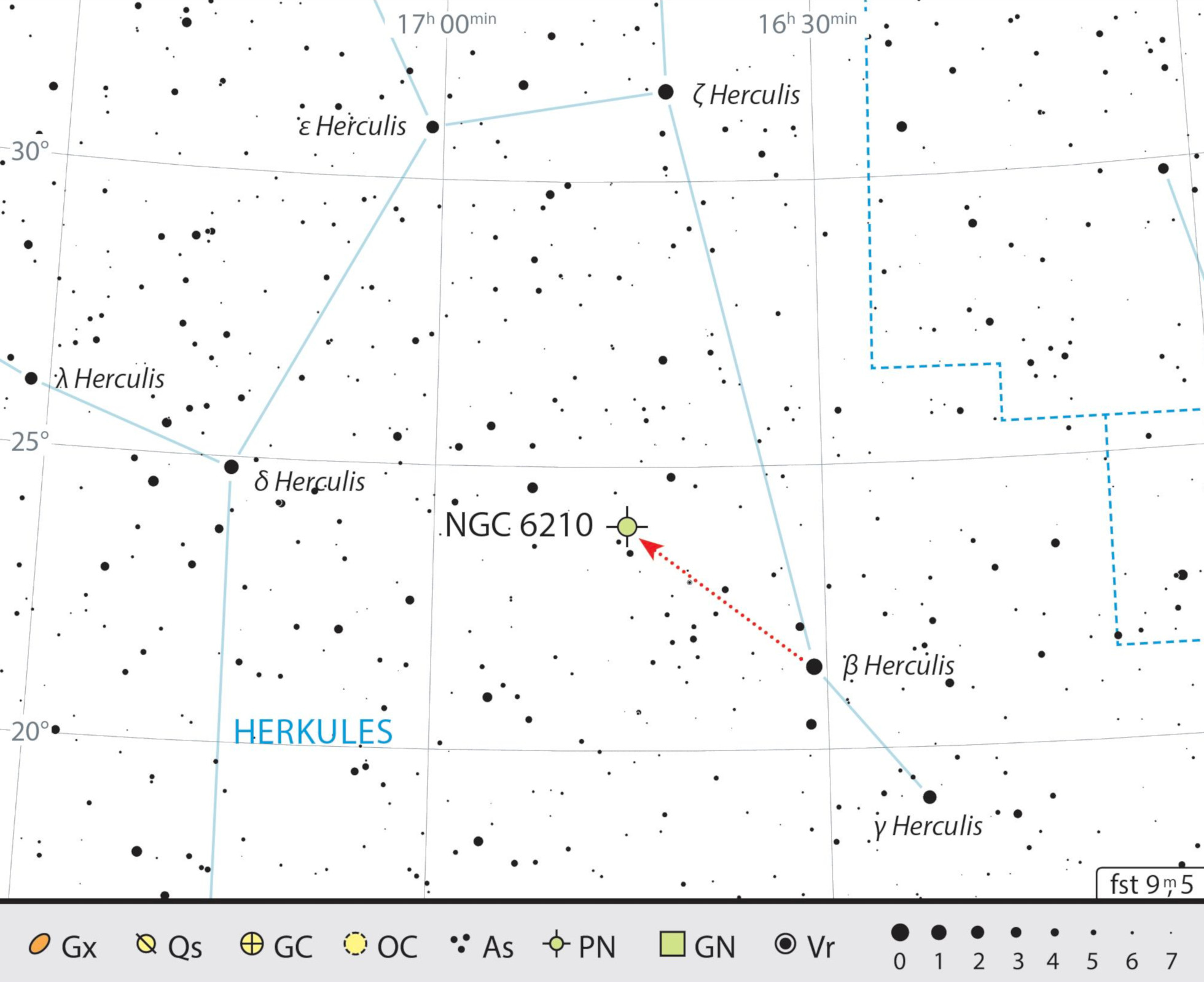 Mapa de procura para NGC 6210 na constelação Hércules. J. Scholten 