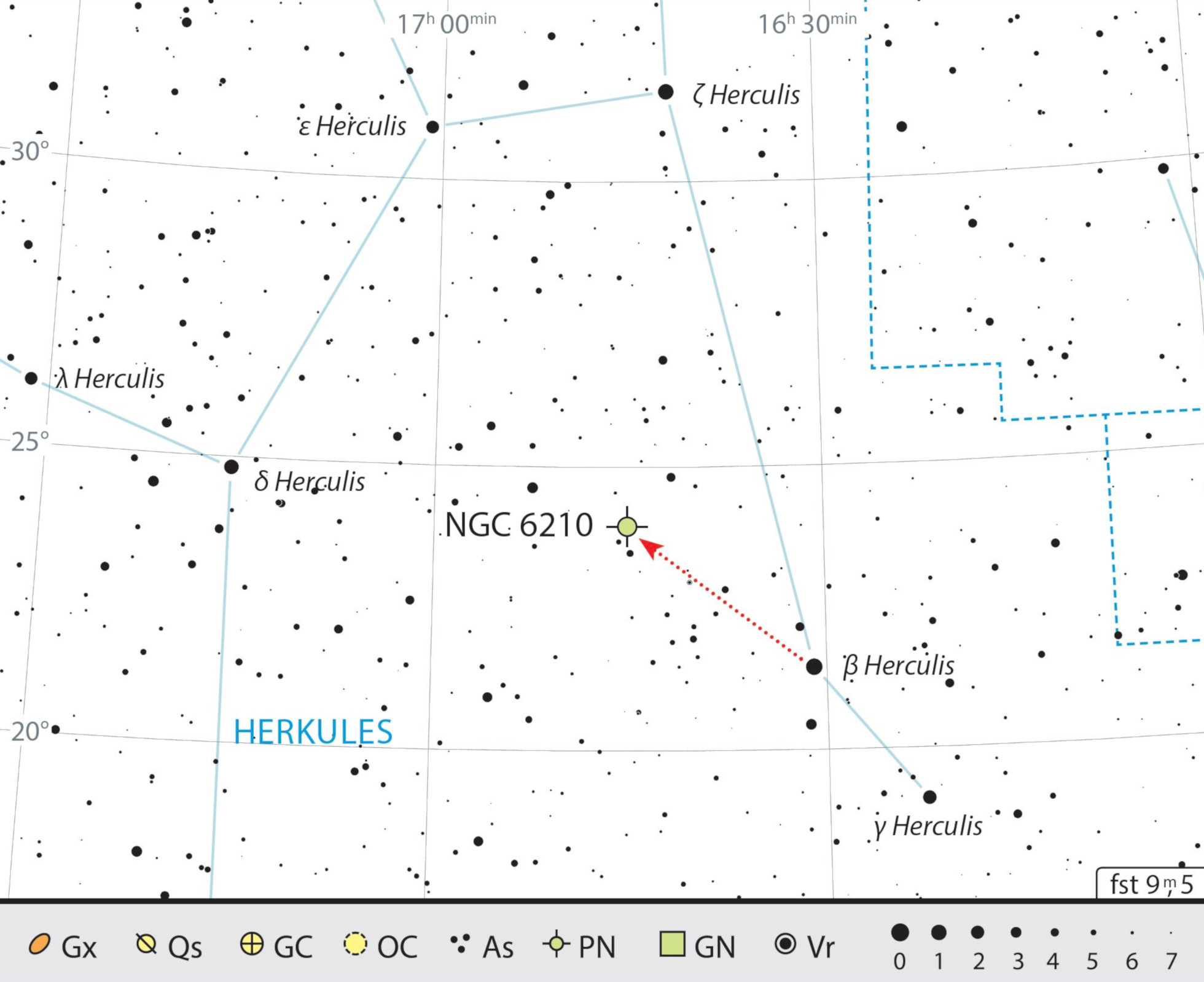 Mapa de procura para NGC 6210 na constelação Hércules. J. Scholten