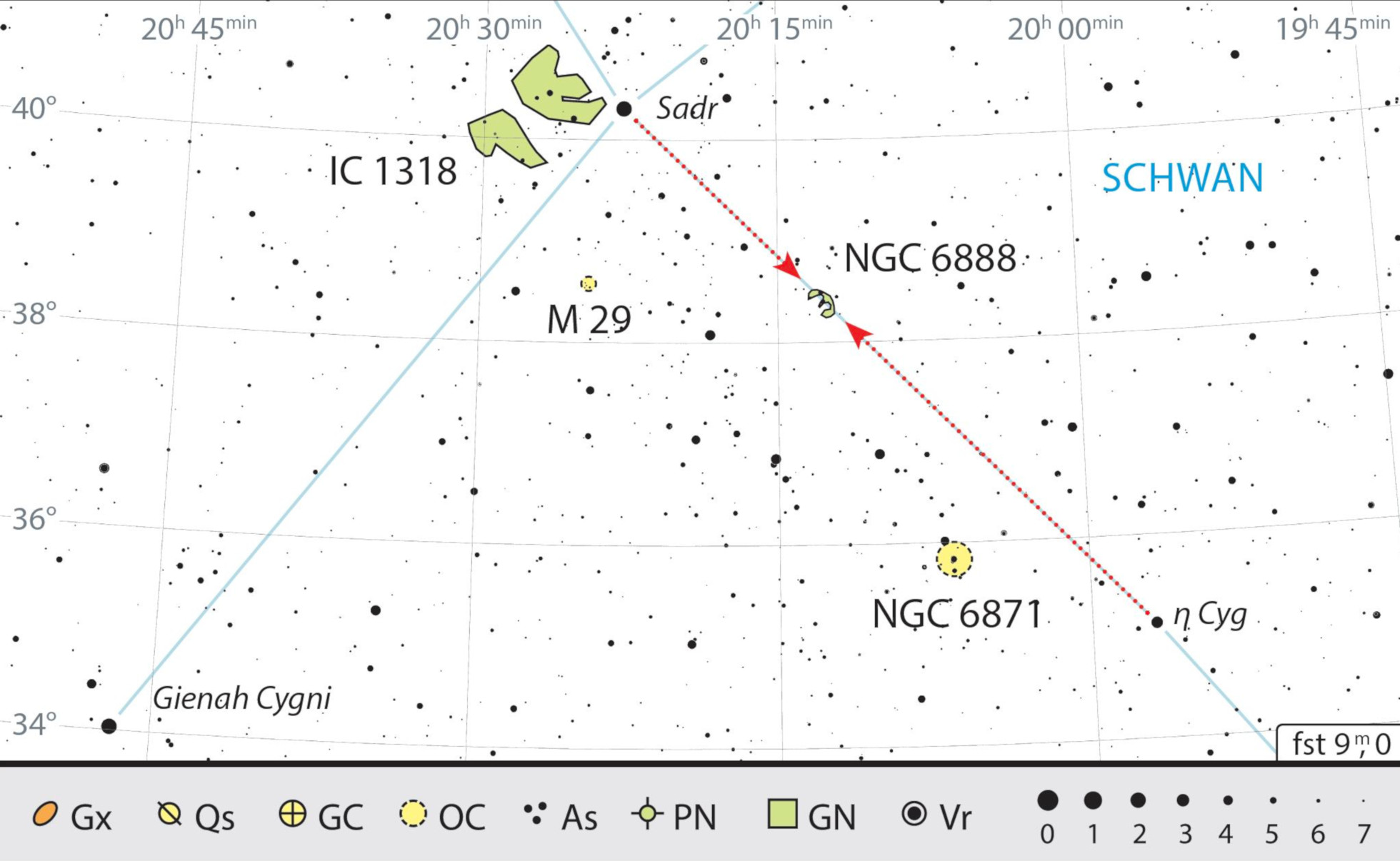 Den Crescent-Nebel findet man auf etwa einem Drittel der Strecke zwischen Sadr (γ Cyg) und η Cyg. J. Scholten