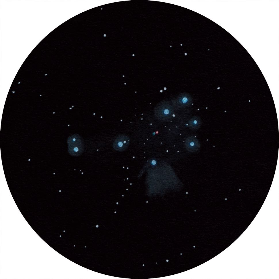 Desenho das Plêiades com binóculos de 20×125. Uwe Glahn 