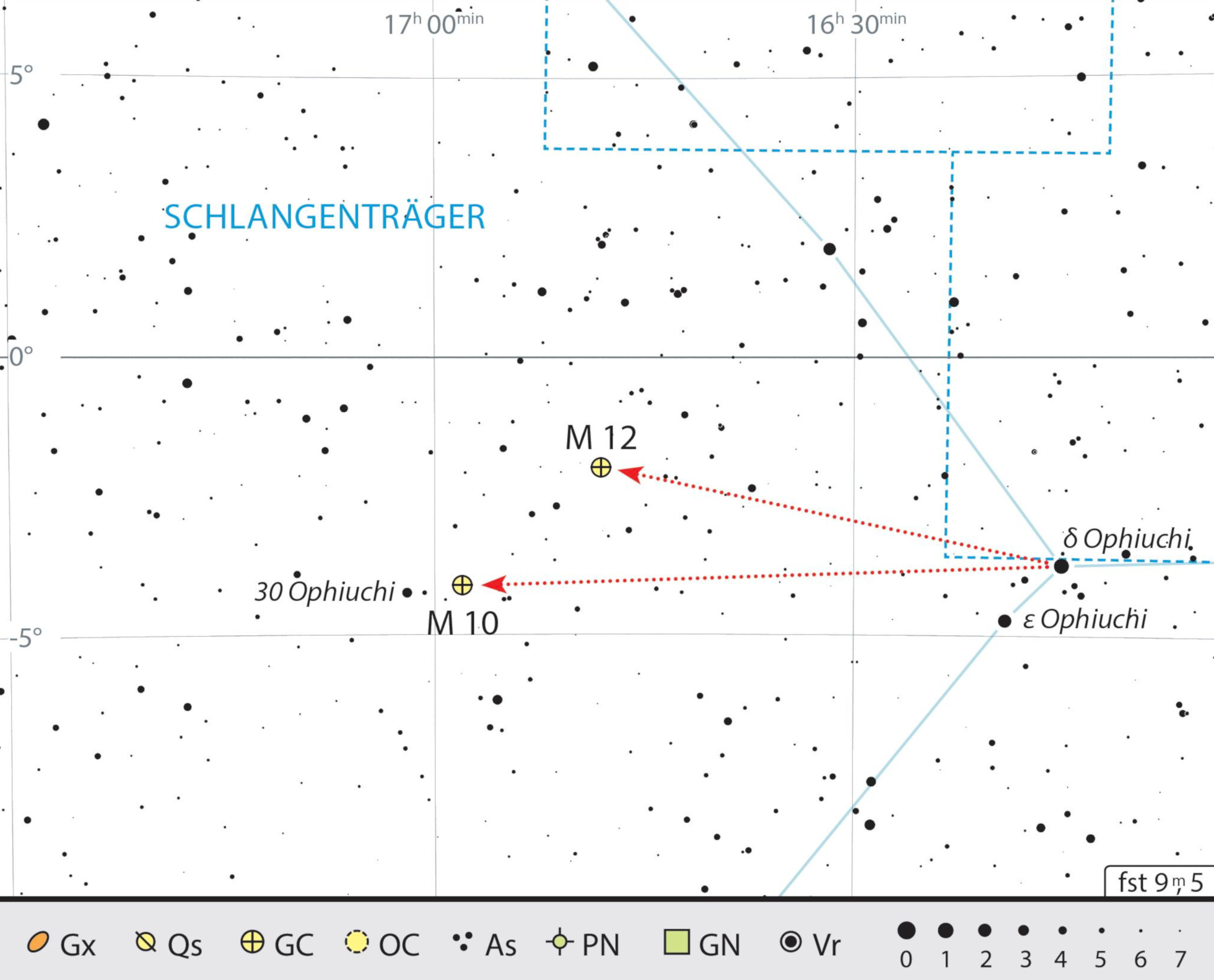 Mapa de procura dos dois enxames globulares M 10 e M 12, na constelação Serpentário. J. Scholten 