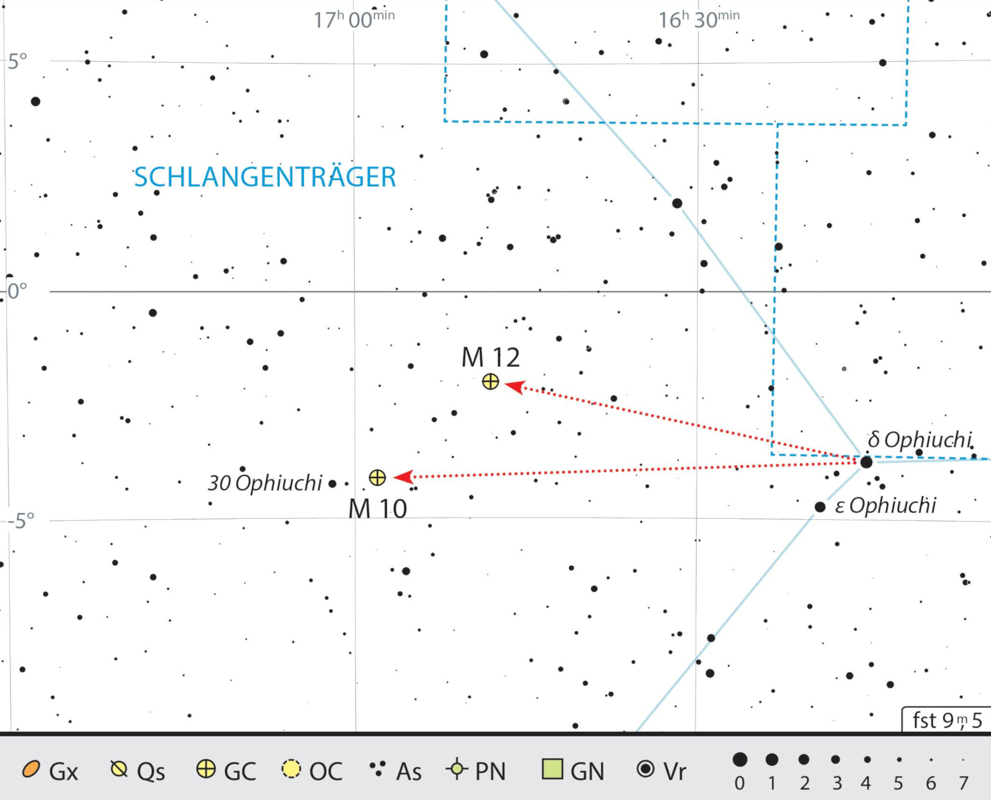 Mapa de procura dos dois enxames globulares M 10 e M 12, na constelação Serpentário. J. Scholten