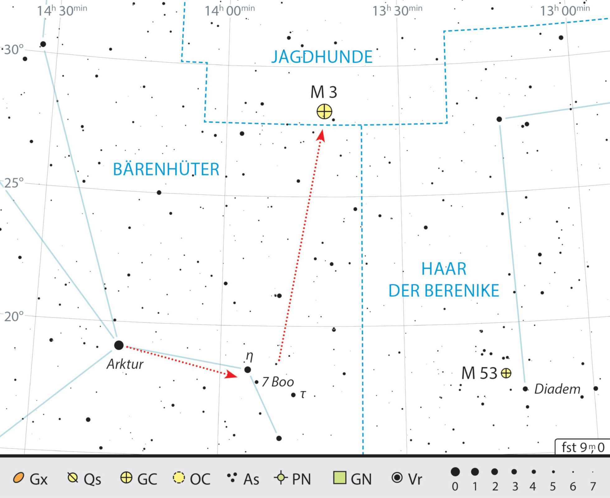 Mapa de procura para a M3 na constelação Cães de caça. J. Scholte