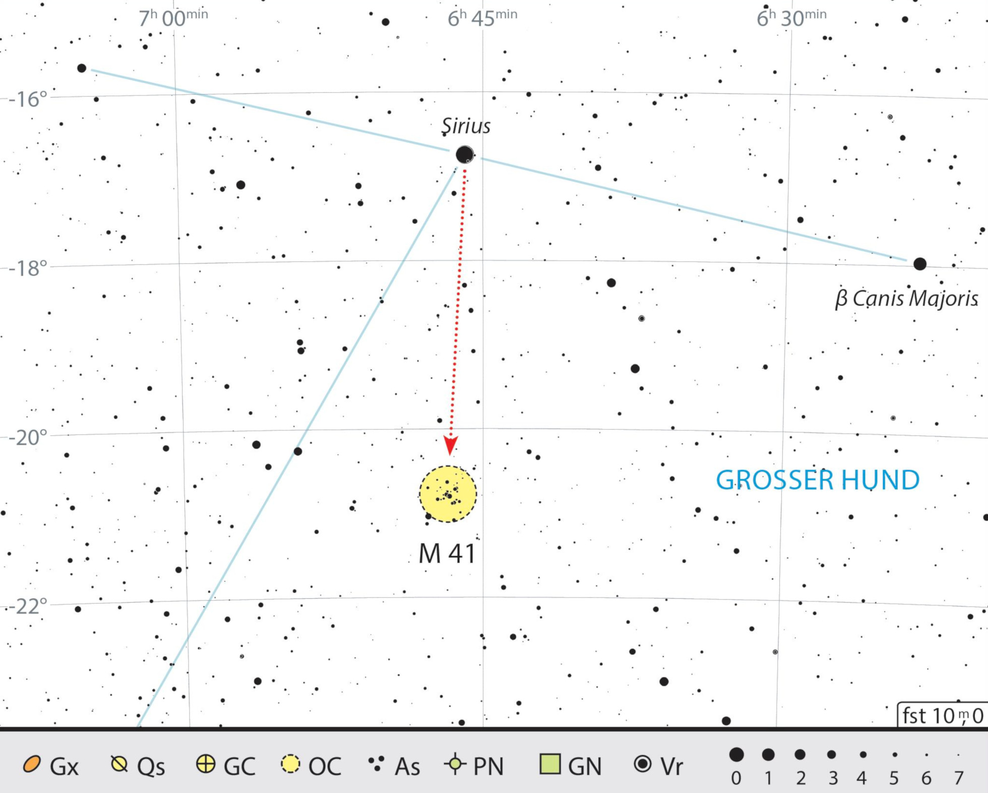 Mapa de localização de Messier 41 na constelação Cão Maior. J. Scholten 