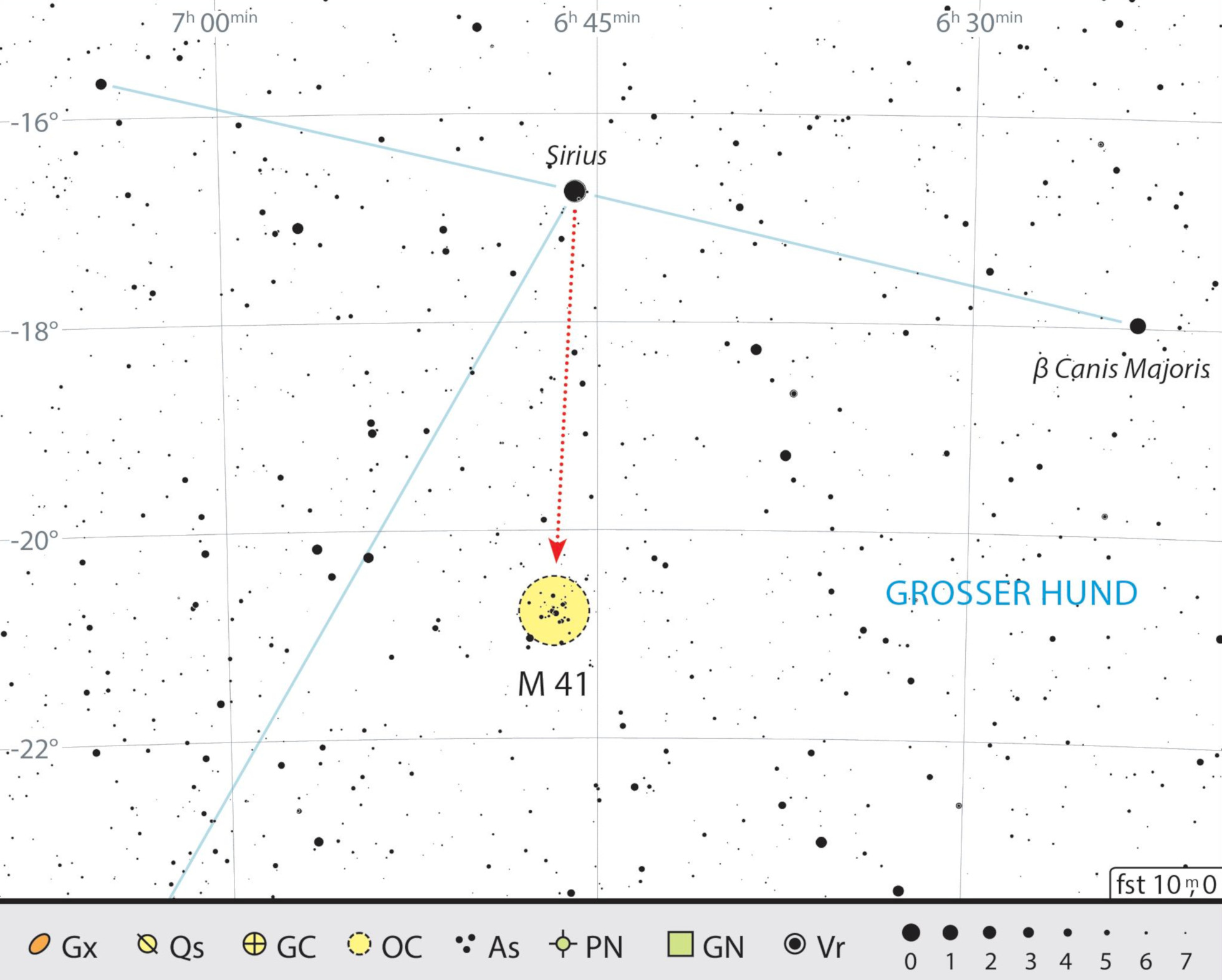 Mapa de localização de Messier 41 na constelação Cão Maior. J. Scholten