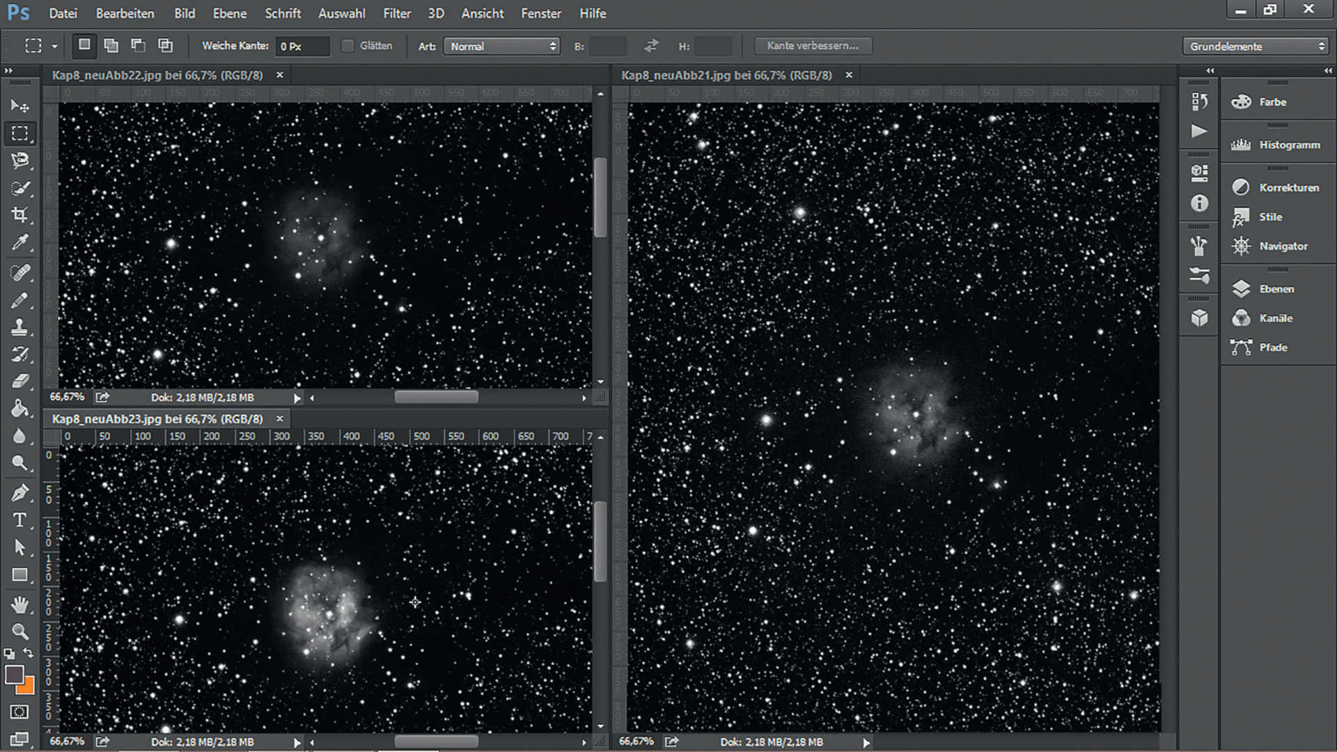 Imagem da Nebulosa Cocoon (IC5146) na constelação Cisne e a sua formação: a imagem, constituída por oito fotografias individuais com filtros vermelhos, verdes e azuis, foi alinhada, sobreposta e o contraste intensificado. Câmara SBIG STF-8300 num astrógrafo de 200/600 mm, tempo de exposição total: 72 minutos, filtros RGB. U. Dittler