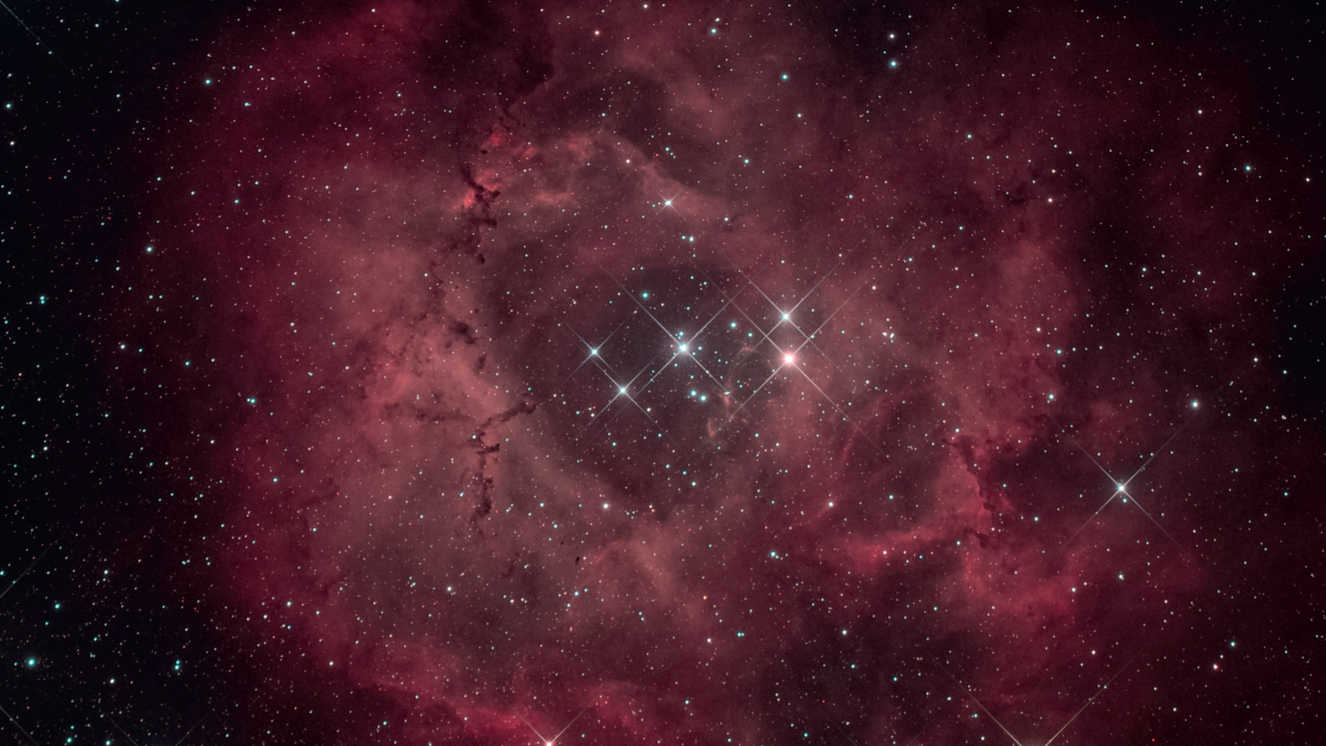 Dependendo do objeto a fotografar, há câmaras mais adequadas do que outras: para esta imagem da Nebulosa Roseta, com o aglomerado estrelar central NGC 2244, foi utilizada uma DSLR modificada para Hα, do tipo Canon D6, num telescópio com uma distância focal de 530 mm (razão focal f/5). São dez imagens, cada uma com um tempo de exposição de 450 segundos (com ISO 1600), perfazendo um tempo de exposição total de 75 minutos. U. Dittler 