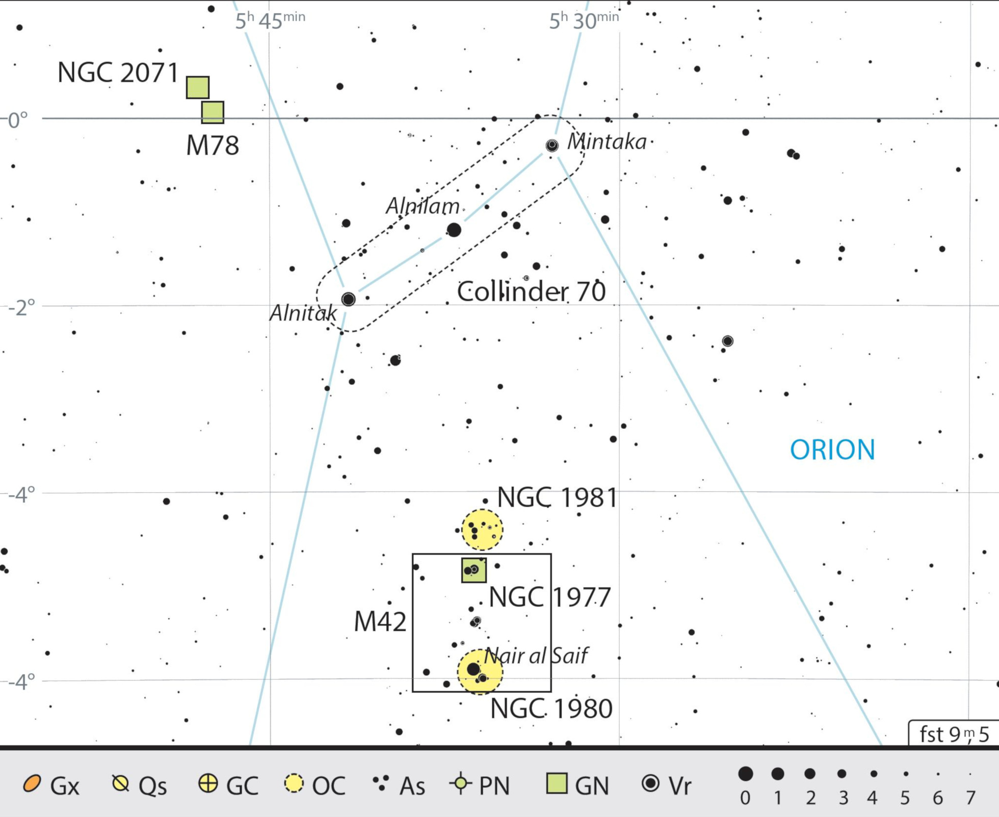 Mapa de procura para os objetos deste passeio binocular: a maior parte dos objetos deste passeio pode facilmente ser encontrada no céu estrelado. J. Scholten