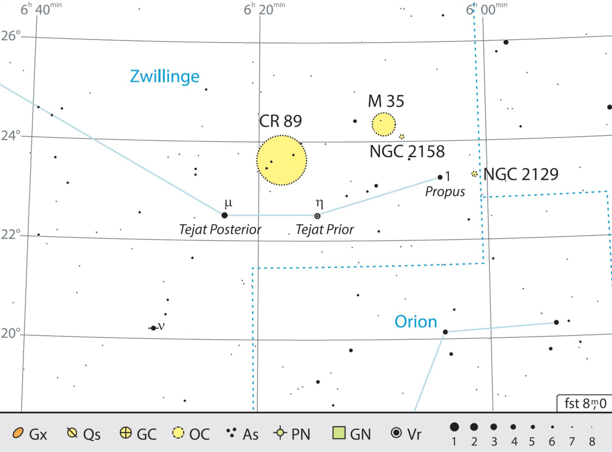 Mapa de procura para o passeio binocular na constelação Gémeos. Um mapa geral da constelação pode ser consultado na página 35. J. Scholten