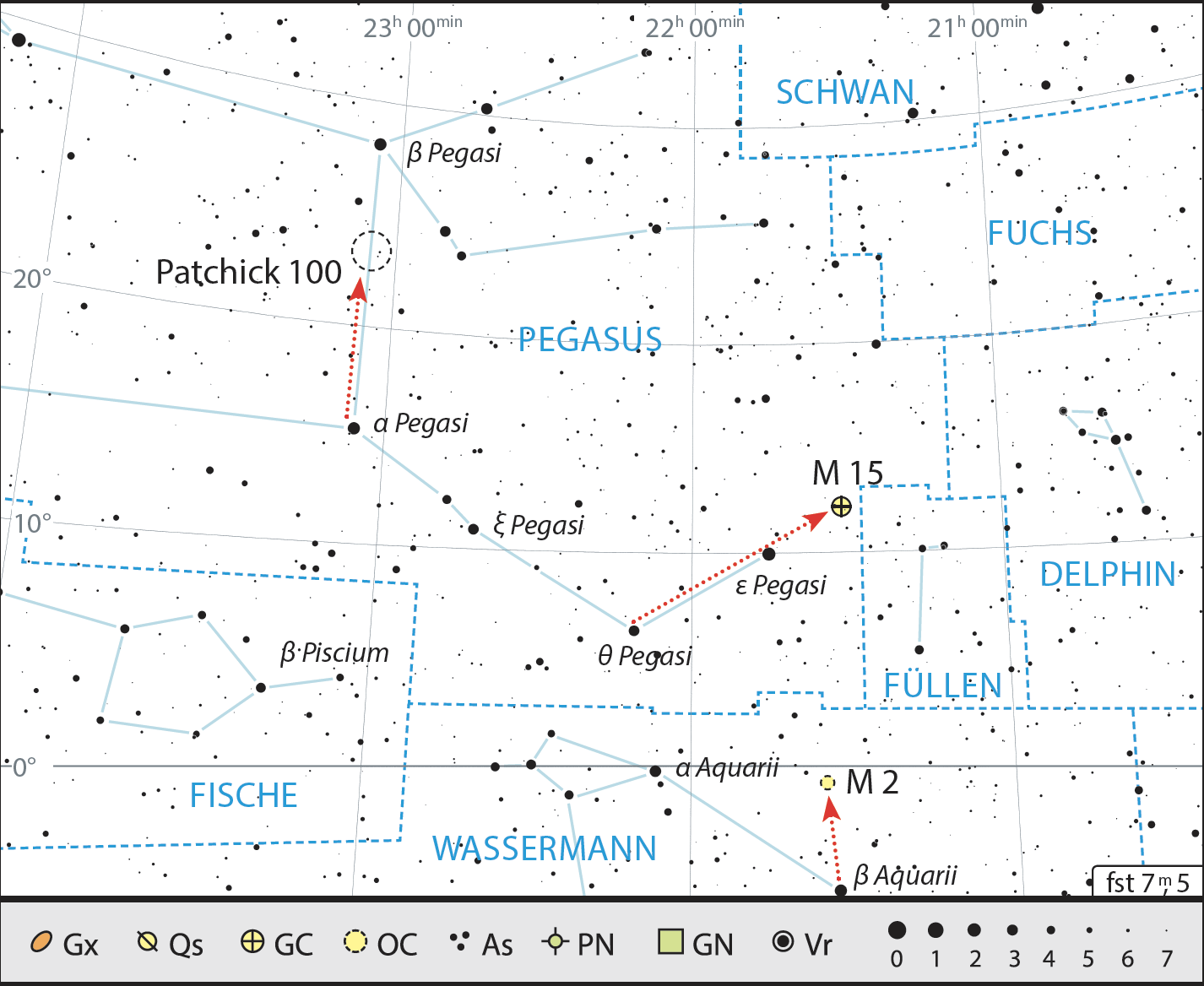 Neste passeio binocular, têm de ser percorridas longas distâncias para encontrar objetos interessantes à volta da constelação Pégaso. J. Scholten