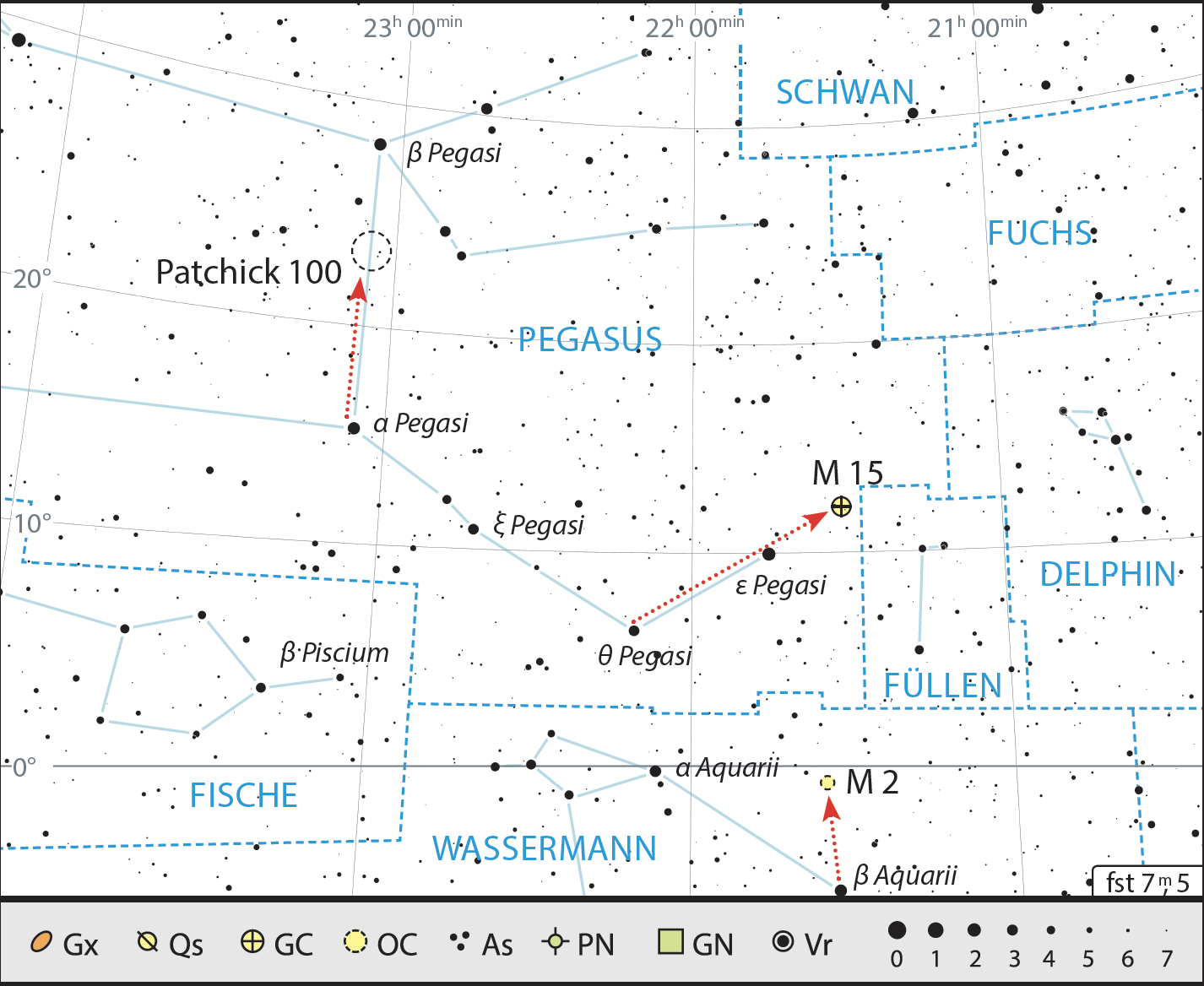 Neste passeio binocular, têm de ser percorridas longas distâncias para encontrar objetos interessantes à volta da constelação Pégaso. J. Scholten 