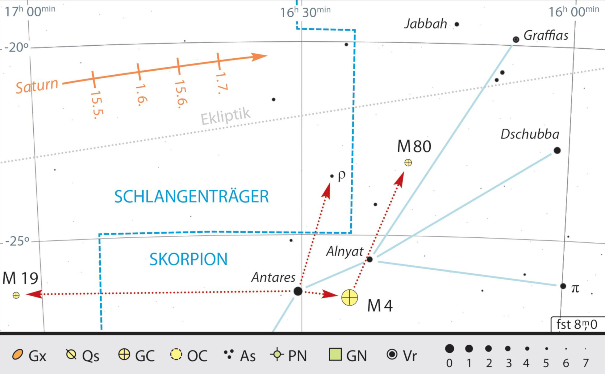 Uma variedade de interessantes objetos binoculares pode ser encontrada em torno de Antares. Kai v. Schauroth 