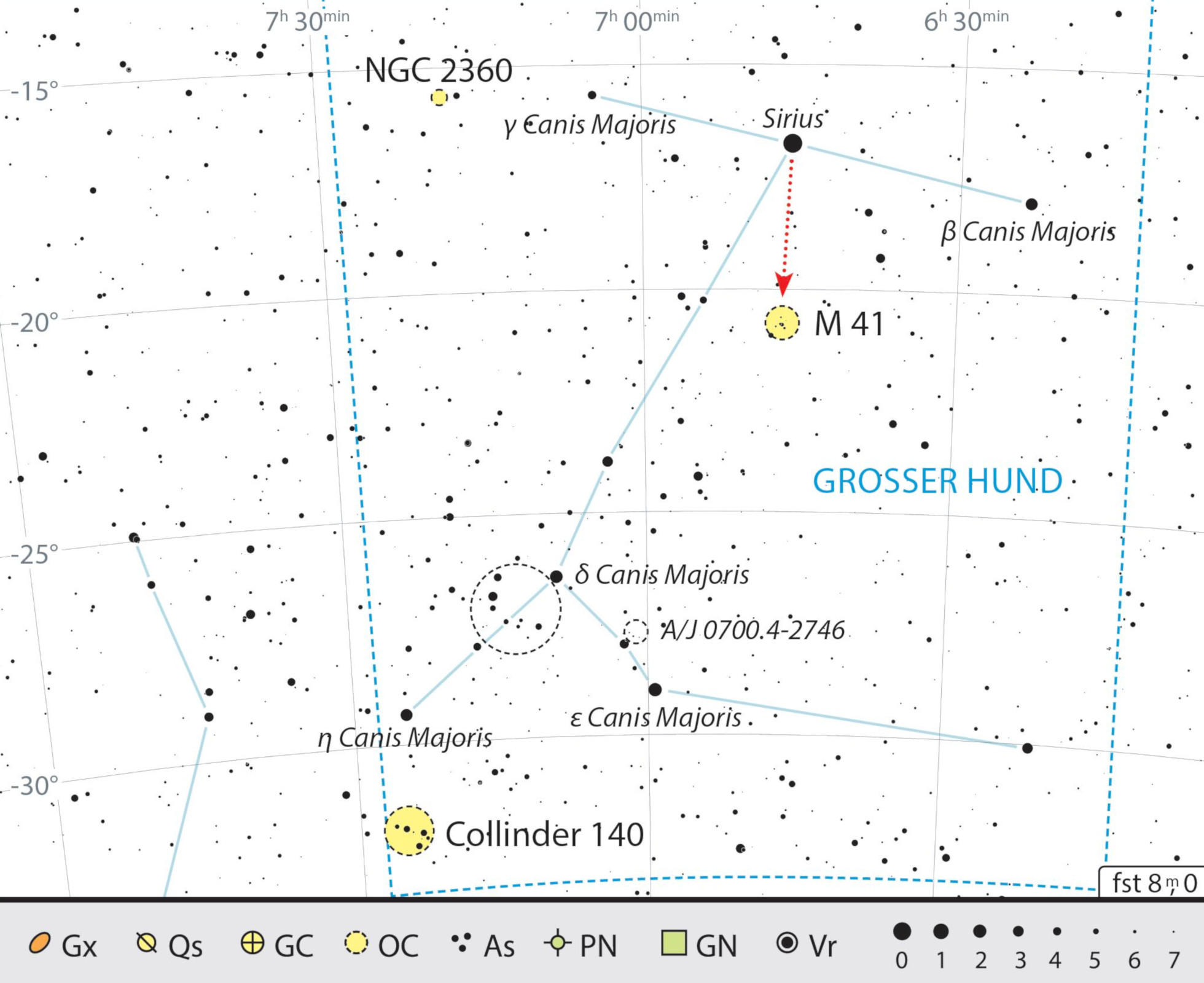 Mapa de localização dos objetos para binóculos na constelação Cão Maior. J. Scholten 