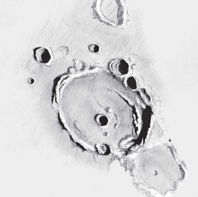 Desenho de Posidonius: pode ser vista uma impressionante cordilheira, que se estende ligeiramente em forma de espiral até ao interior da cratera. Serge Vieillard 