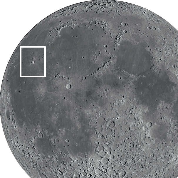 Perto da orla lunar ocidental, encontra-se a luminosa cratera Aristarchus. NASA/GSFC/Arizona State University 
