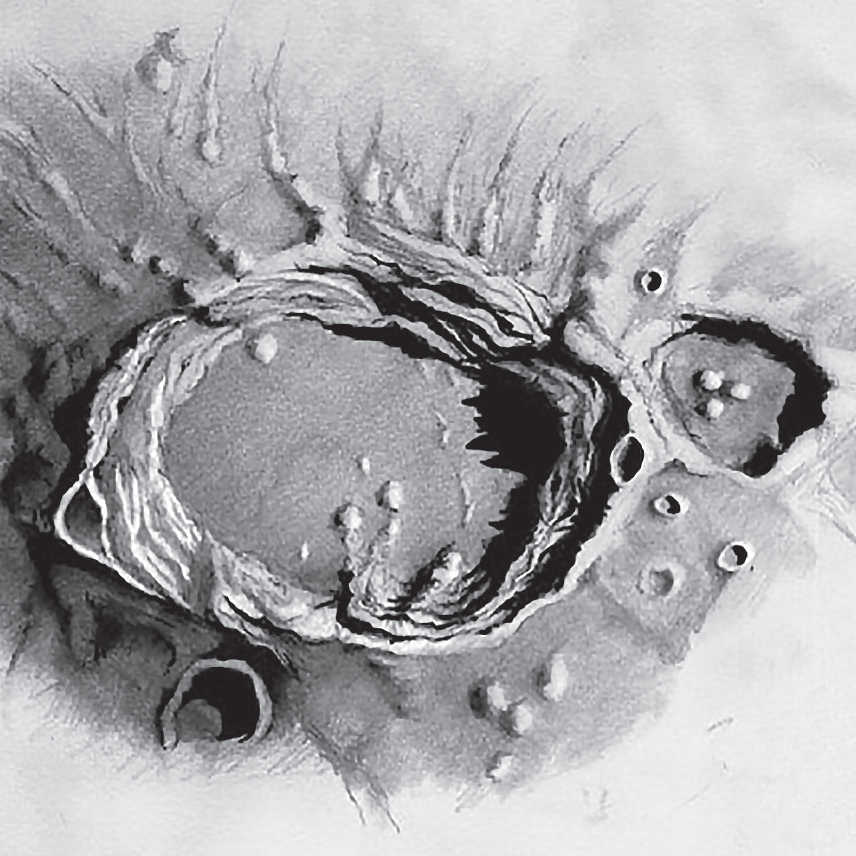 Desenho de Aristóteles e Mitchell através de um telescópio com uma abertura de 400 mm, ampliação de 385×. Num telescópio com esta abertura, as duas crateras revelam uma infinidade de detalhes. Serge Vieillard 