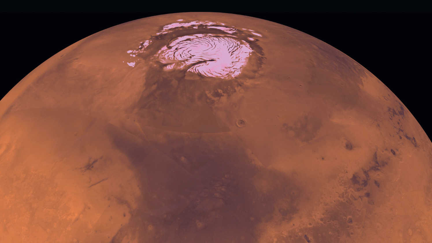 Fotografia de Marte a partir da órbita, com vista para a calota polar. NASA/JPL/USGS