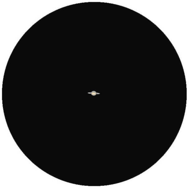Ilustração: Saturno apenas é relativamente pequeno quando observado no telescópio; aqui, um exemplo de um telescópio com uma abertura de 60 mm e uma ampliação de 60 vezes. L. Spix