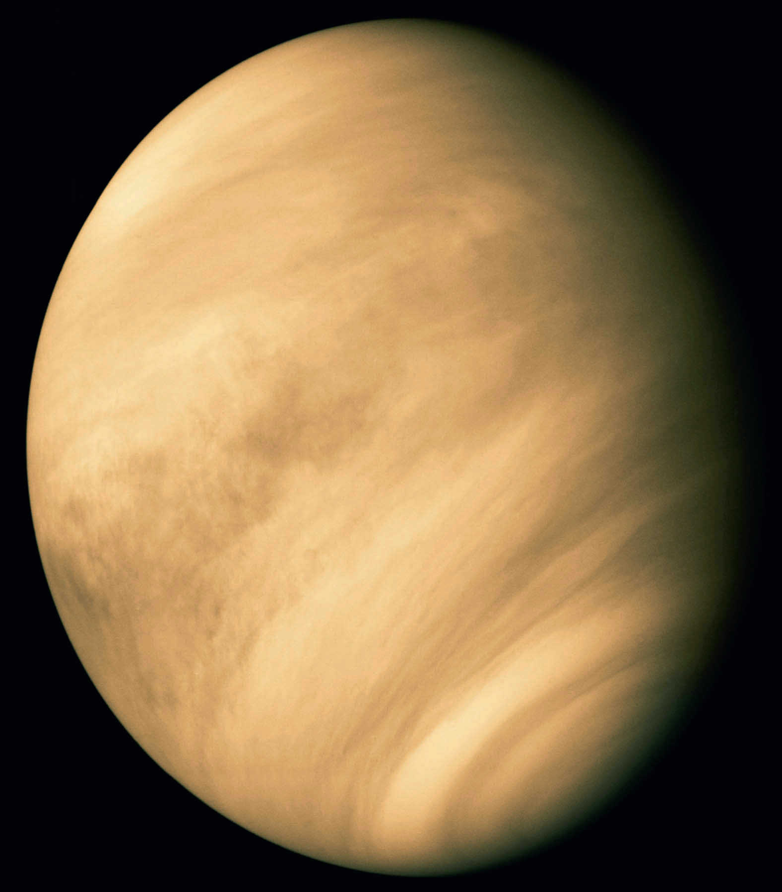 Vénus visto por uma sonda americana Mariner 10, em fevereiro de 1974. As estruturas de nuvens não são visíveis a partir da Terra. Calvin J. Hamilton