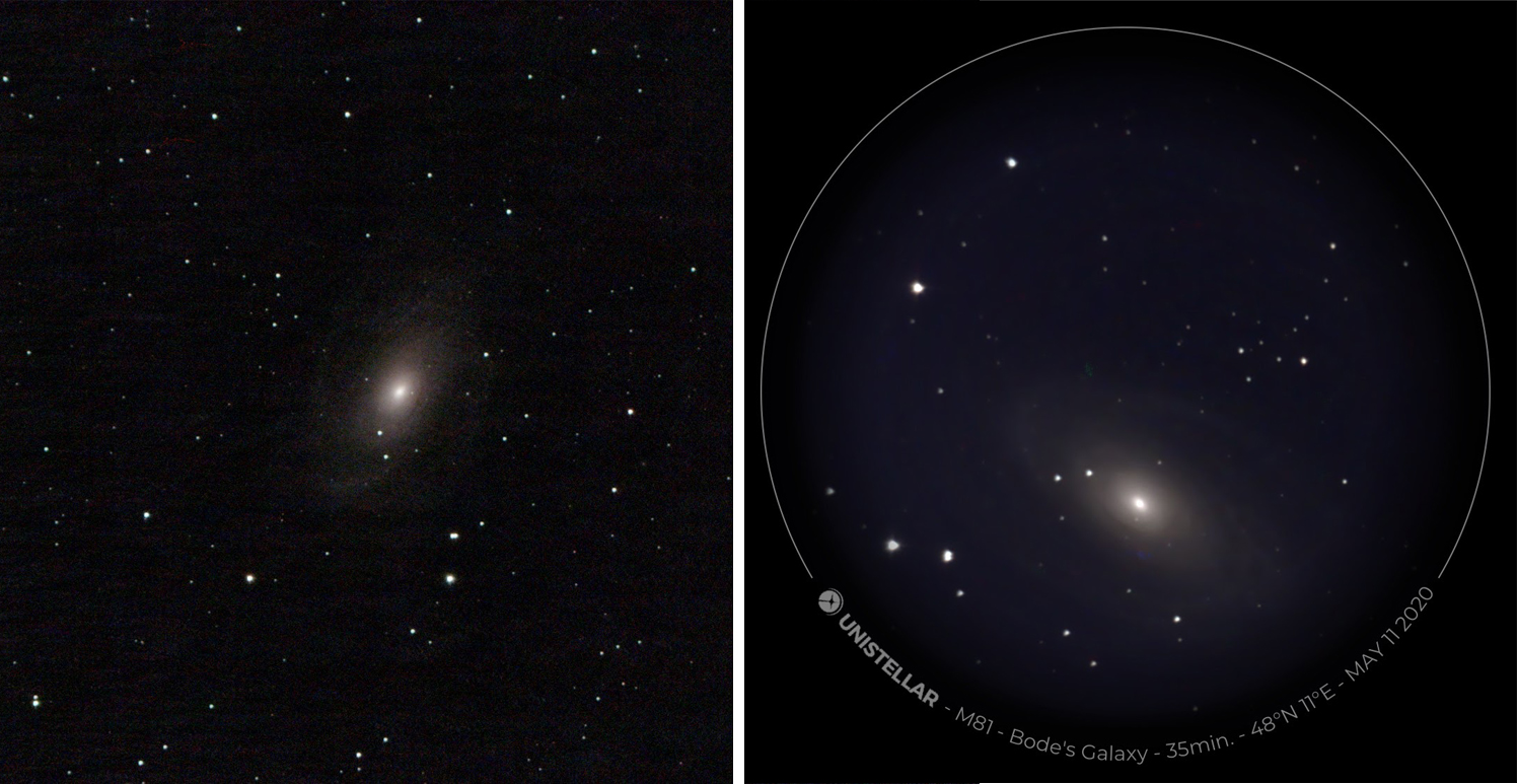Comparação dos dois telescópios — galáxia M 81. Tempo de exposição: Vaonis 30 minutos, Unistellar 35 minutos. 
