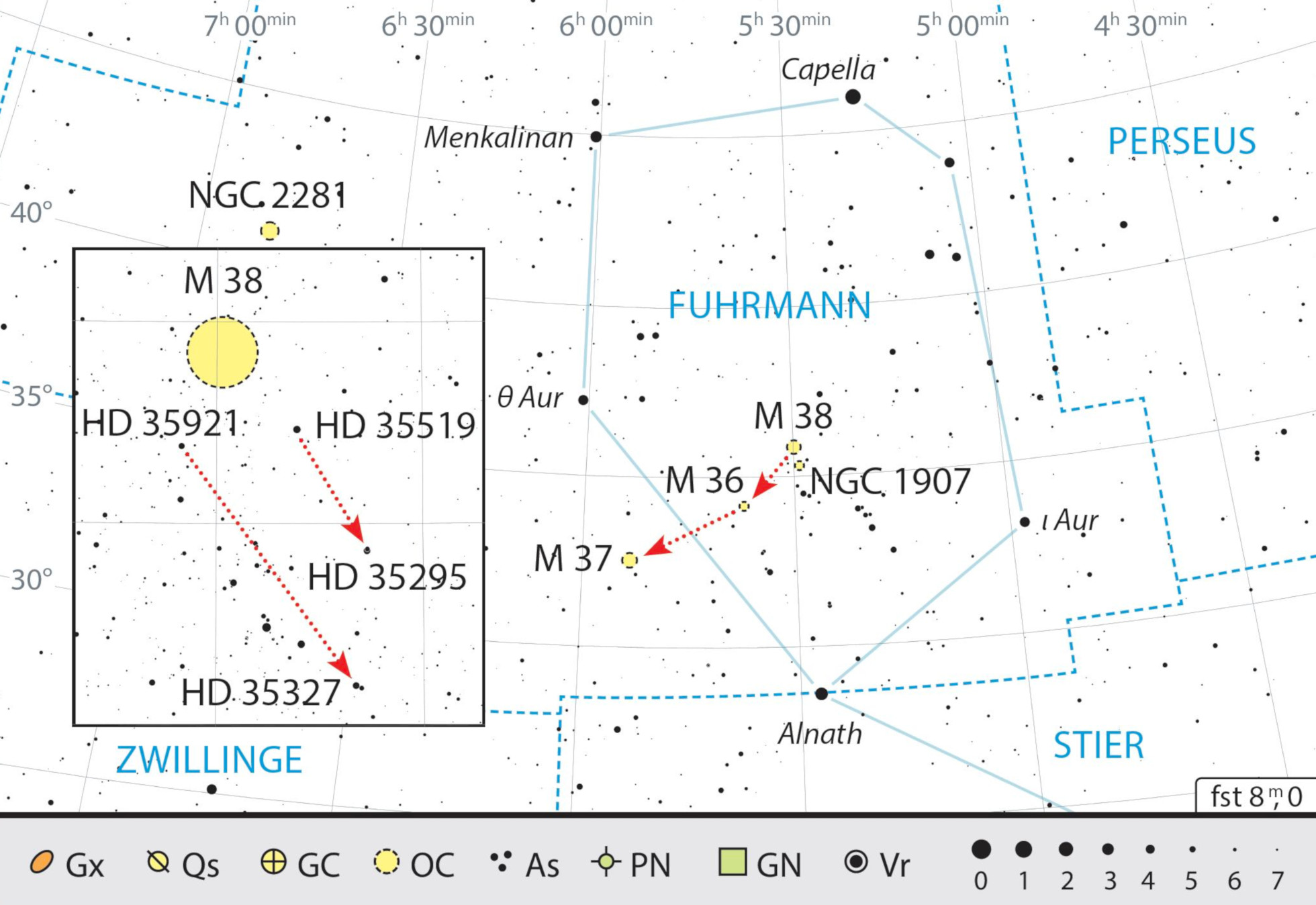 Mapa geral da constelação Auriga com as recomendações de observação. J. Scholten 