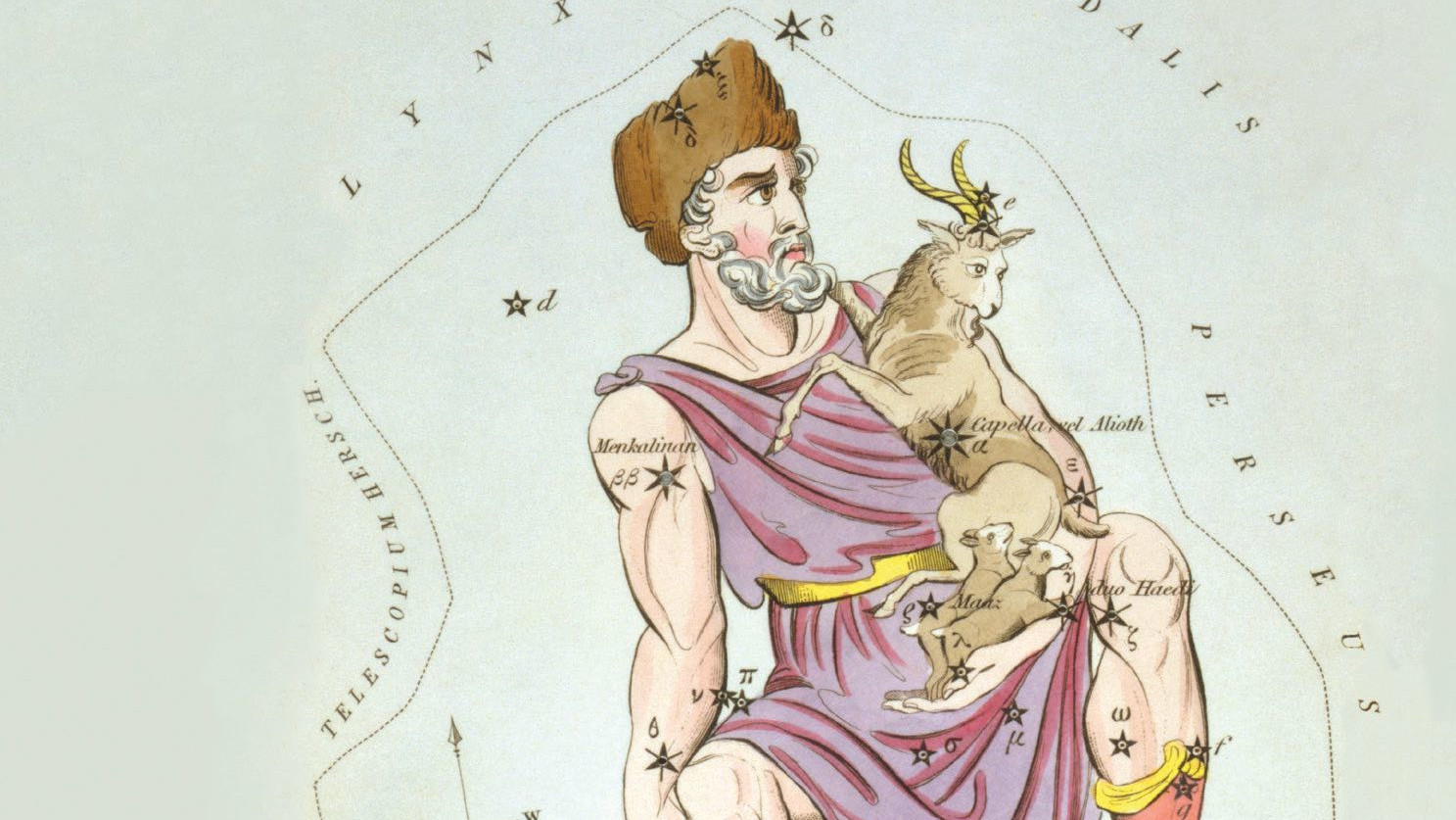 Embora o nome "Auriga" sugira um cocheiro, as representações pictóricas mostram muito mais um pastor de cabras. 
einen Ziegenhirten.