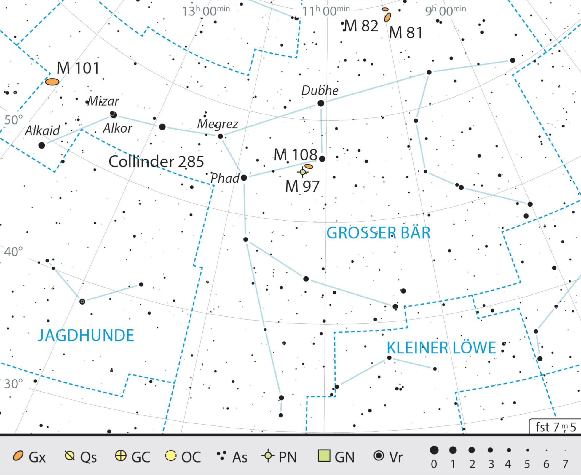 Mapa geral da constelação Ursa Maior com as recomendações de observação. J. Scholten 