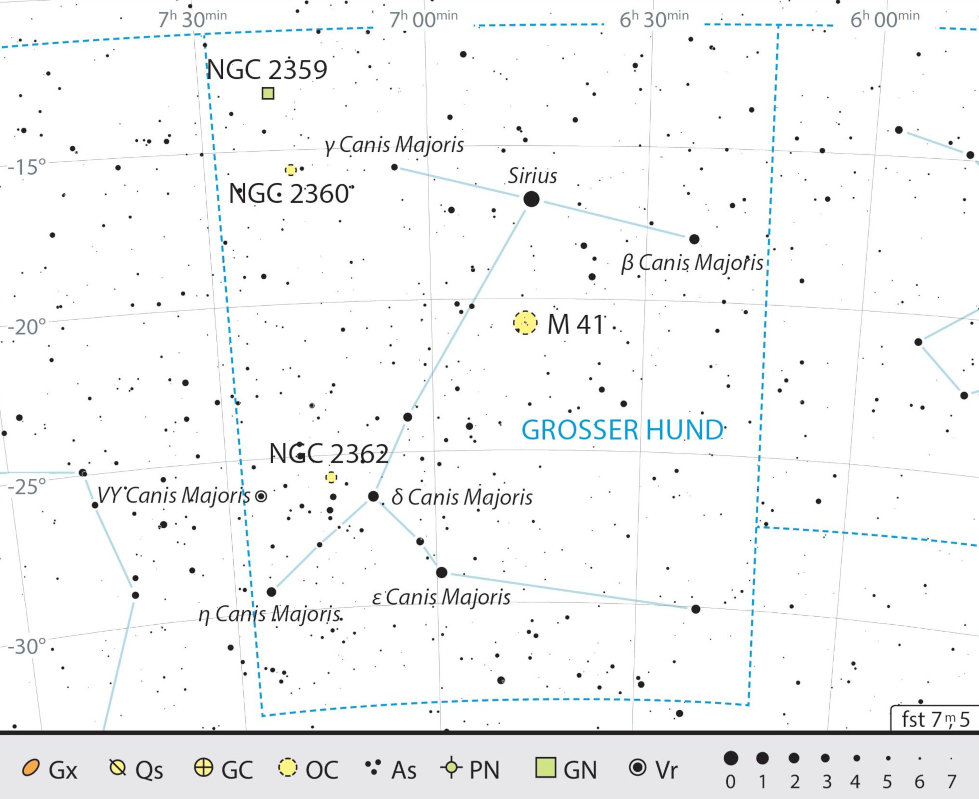 Mapa geral da constelação Cão Maior com as recomendações de observação. J. Scholten 