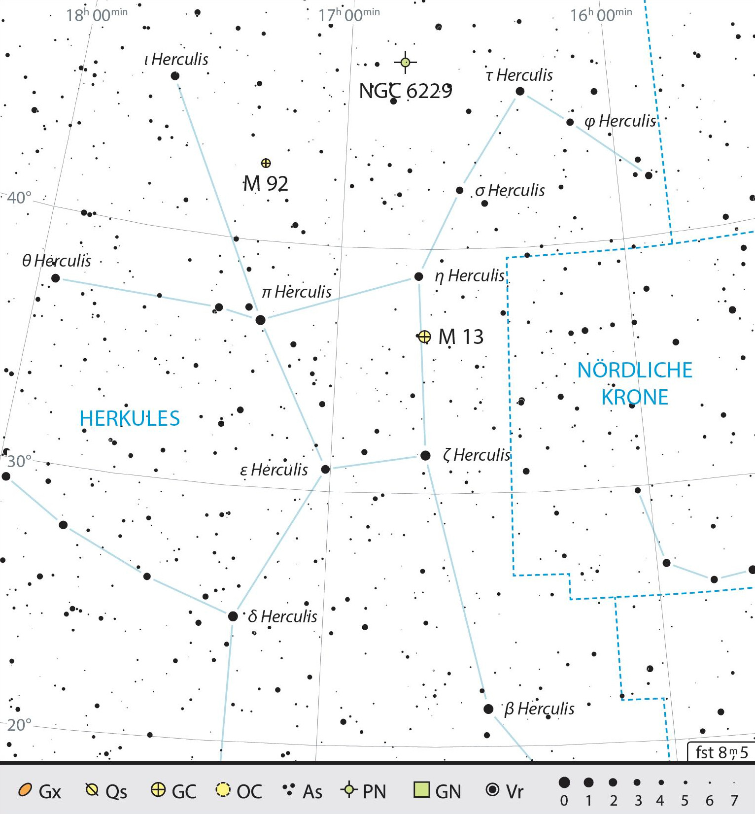 Mapa geral da constelação Hércules com as recomendações de observação. J. Scholten
