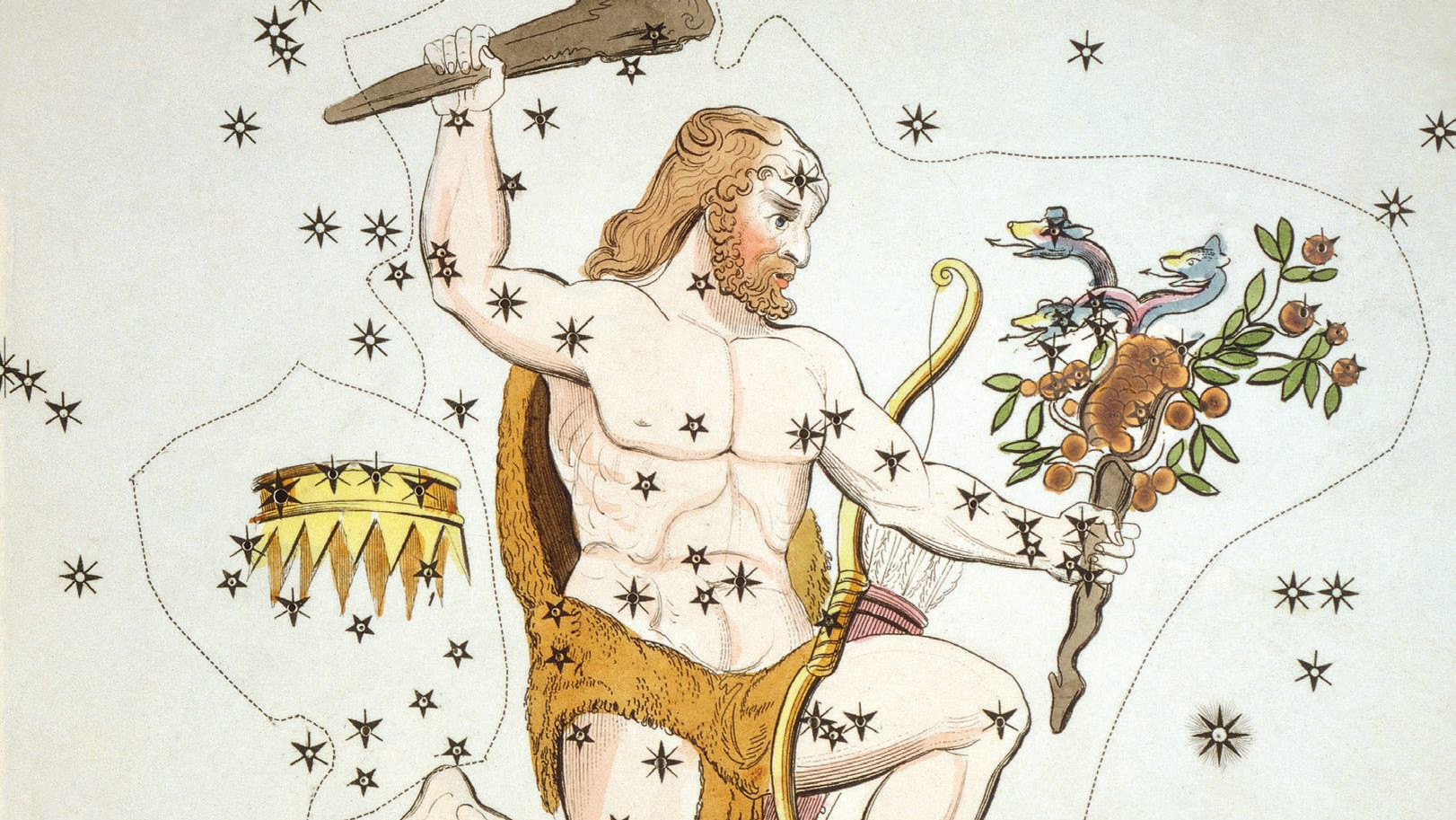 Em ilustrações históricas, a representação completa de Hércules inclui o bastão na mão, a pele do leão e as maçãs douradas roubadas.
den gestohlenen goldenen Äpfeln dargestellt.