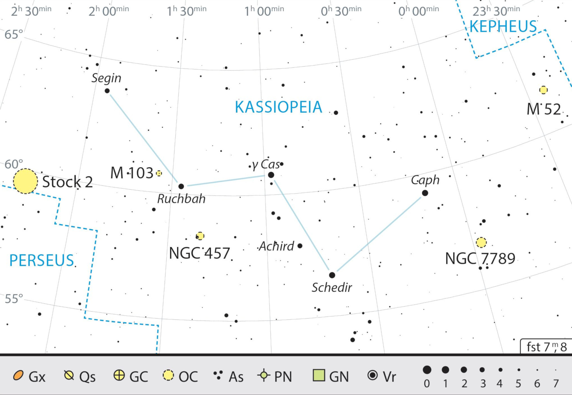Mapa geral da constelação Cassiopeia com as recomendações de observação. J. Scholten 