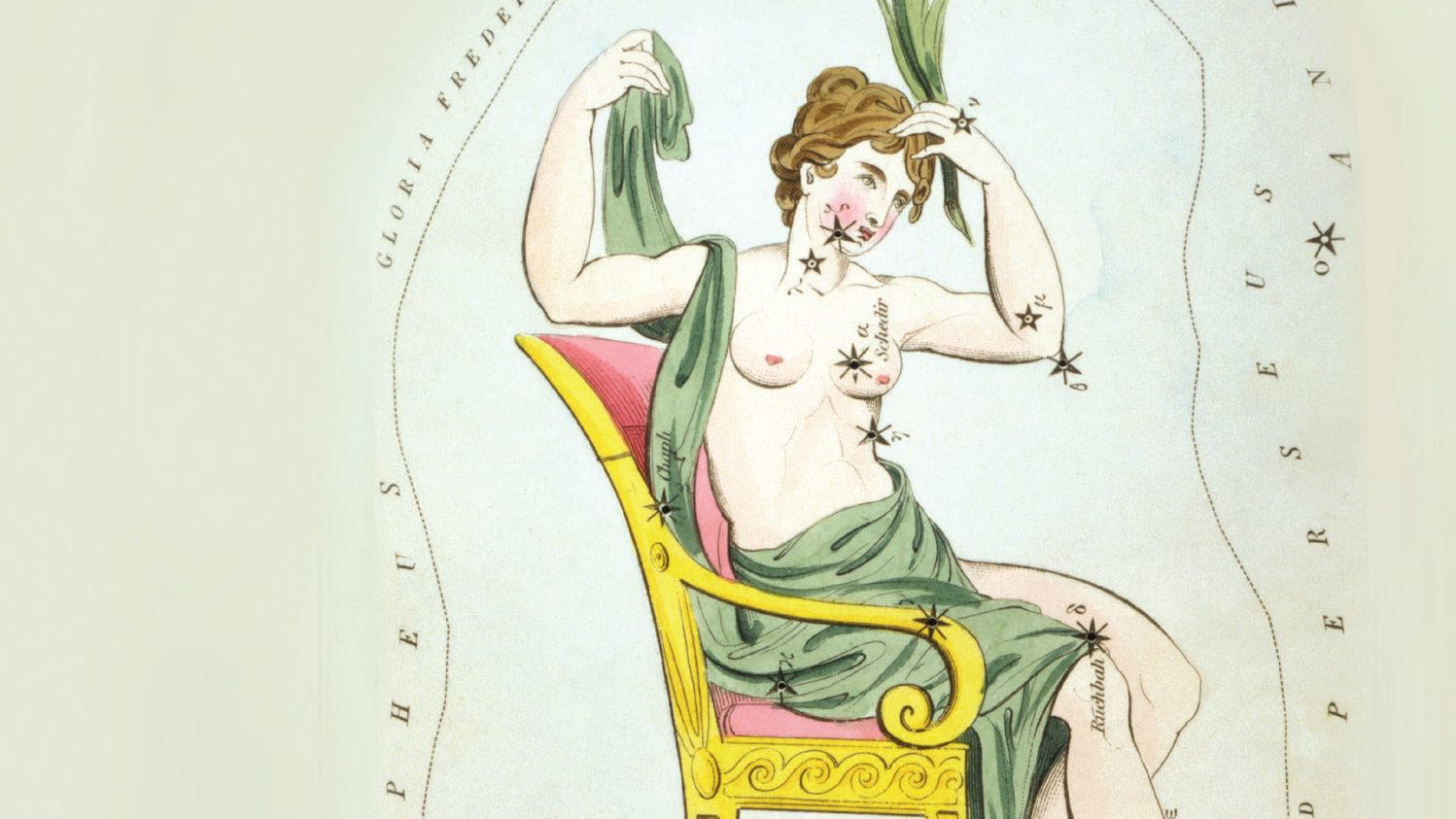 A constelação retrata a vaidosa Rainha Cassiopeia no seu trono. 