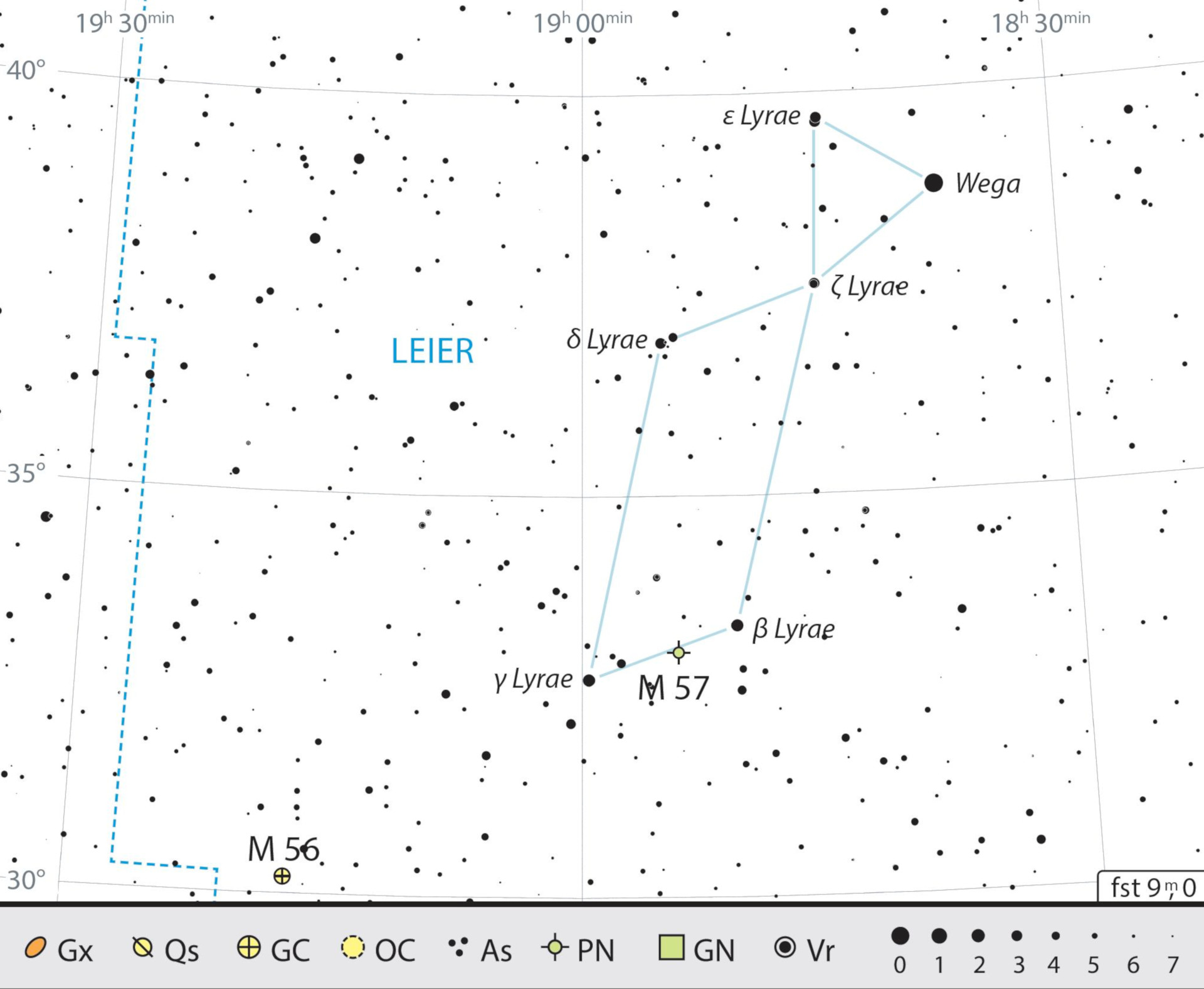 Mapa geral da constelação Lyra com as recomendações de observação. J. Scholten 