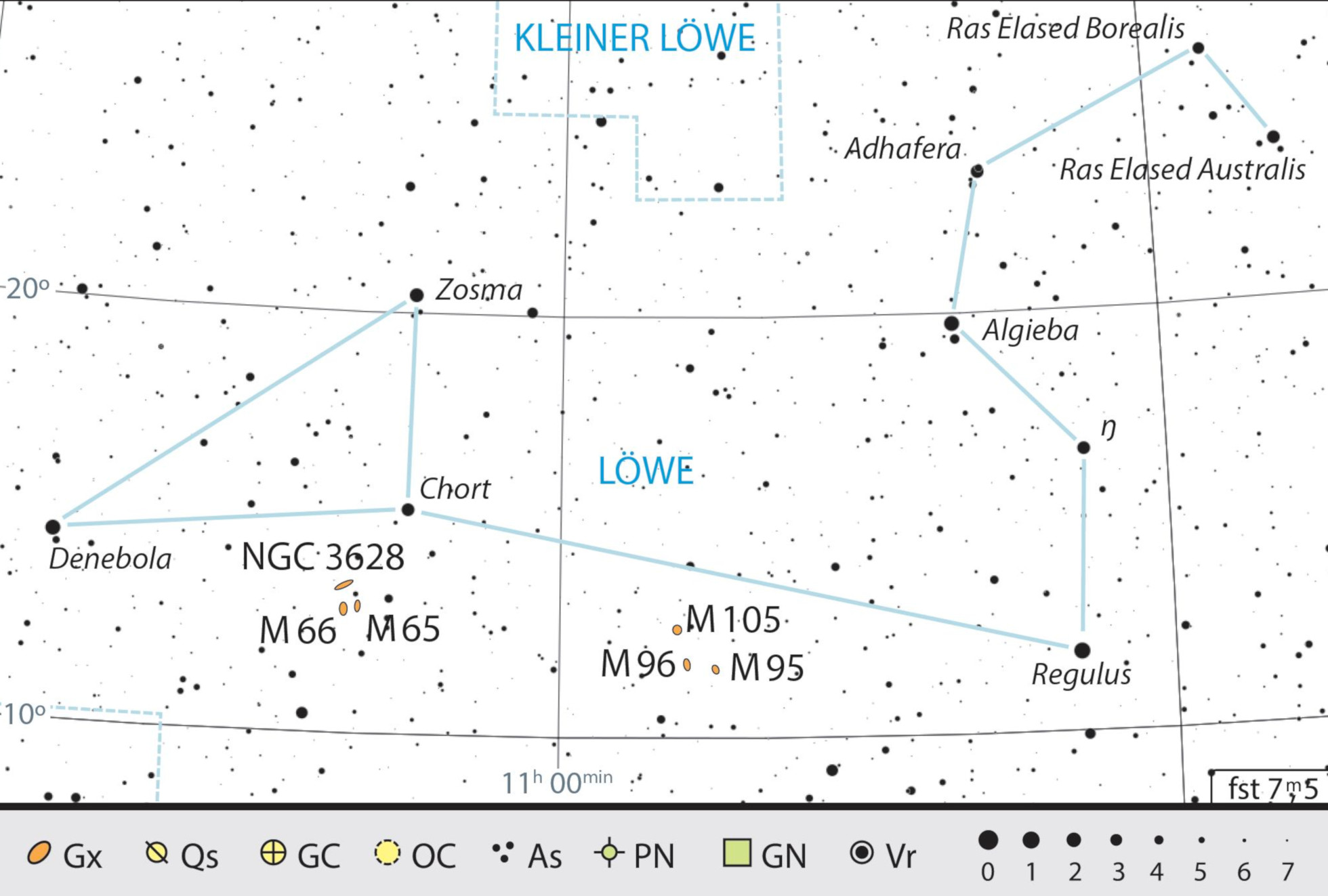 Mapa geral da constelação Leão com as recomendações de observação. J. Scholten 