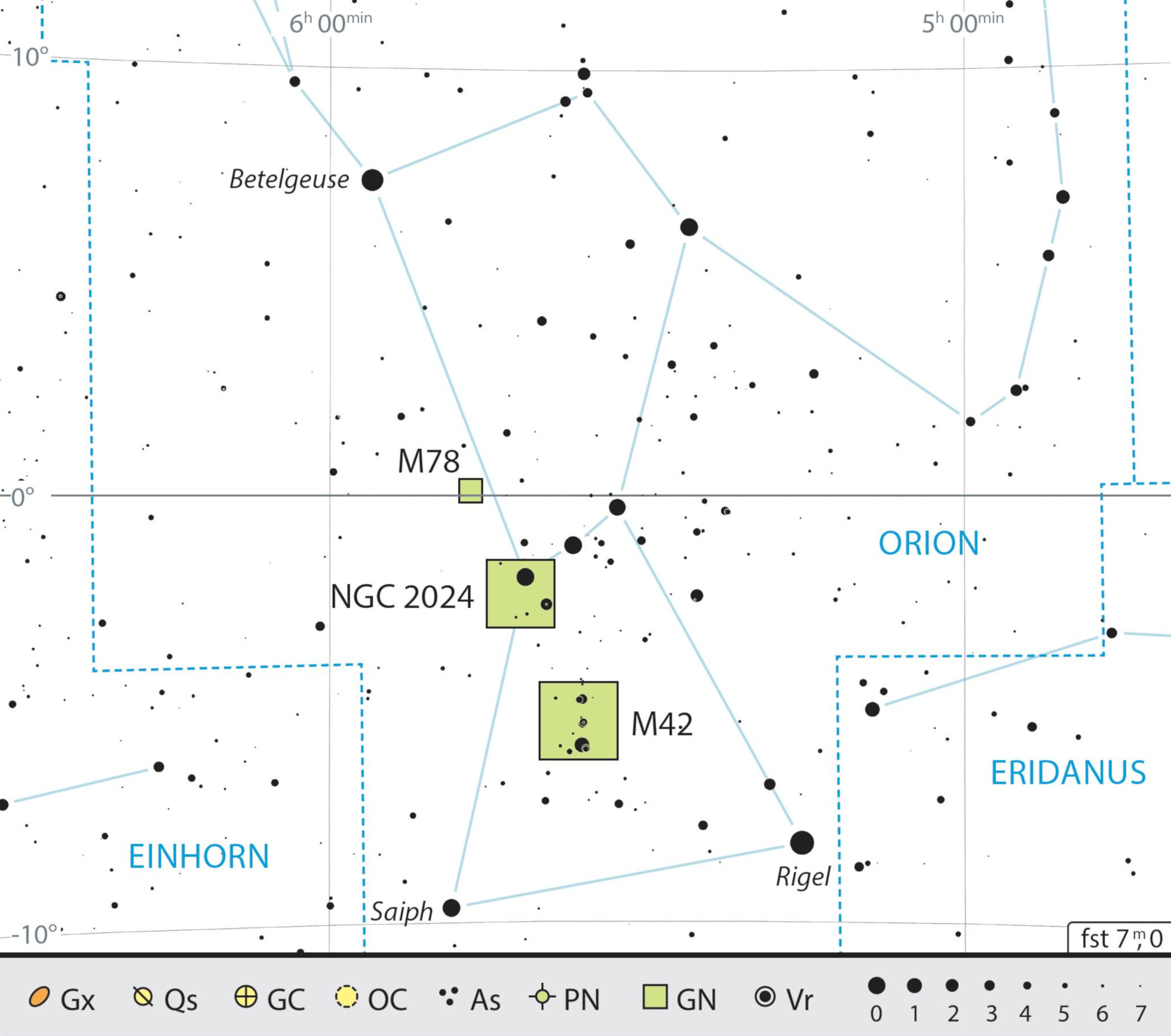 Mapa geral da constelação Oríon com as recomendações de observação. J. Scholten