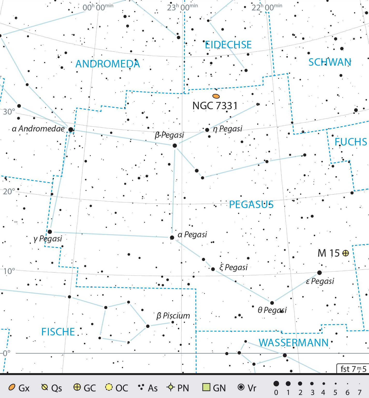 Mapa geral da constelação Pégaso com as recomendações de observação. J. Scholten
