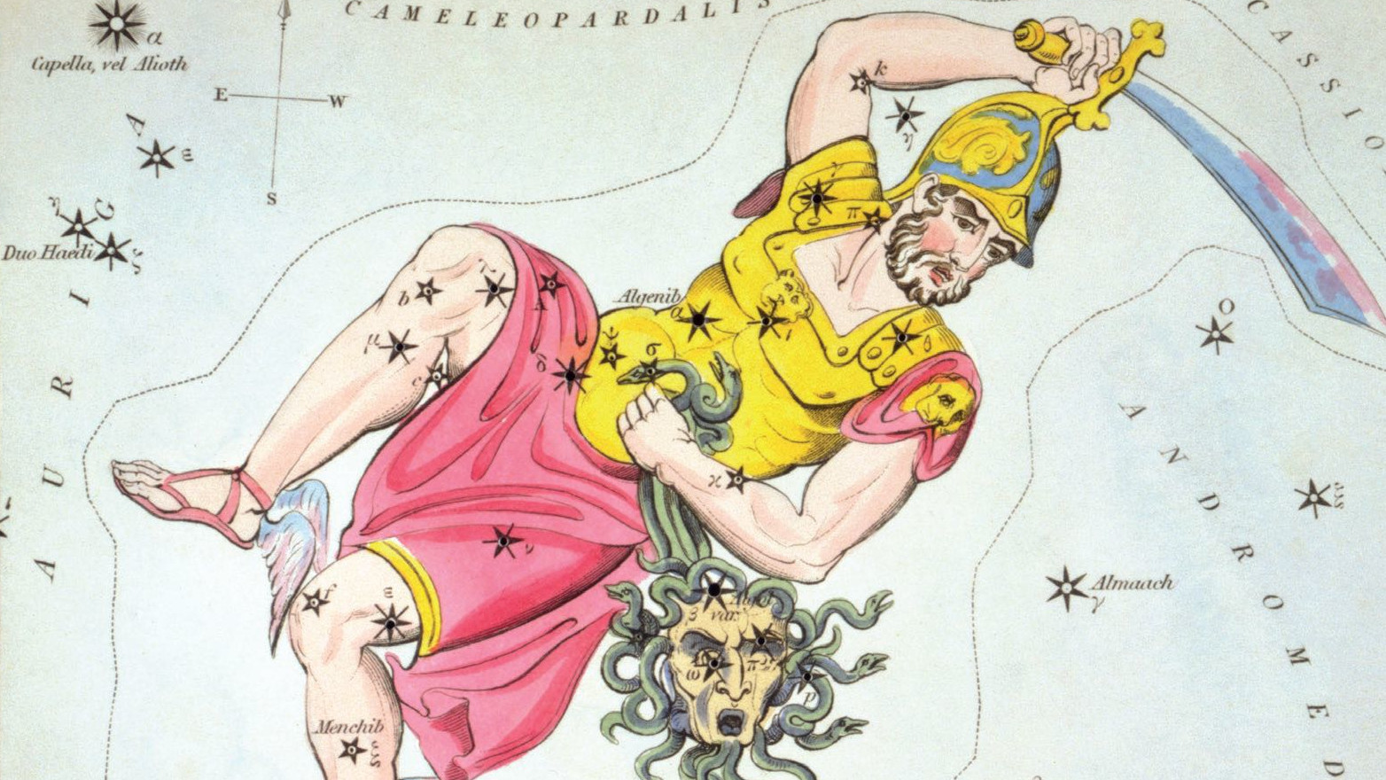 Representações pictóricas da constelação mostram também o herói Perseu com a cabeça cortada de Medusa, simbolizada pela estrela Algol.