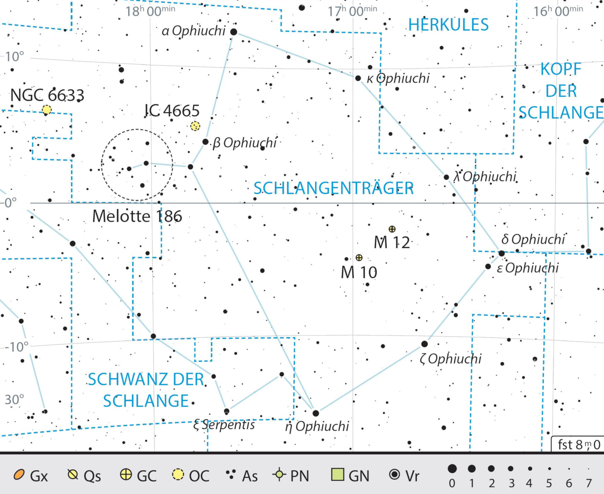 Mapa geral da constelação Serpentário com as recomendações de observação. J. Scholten